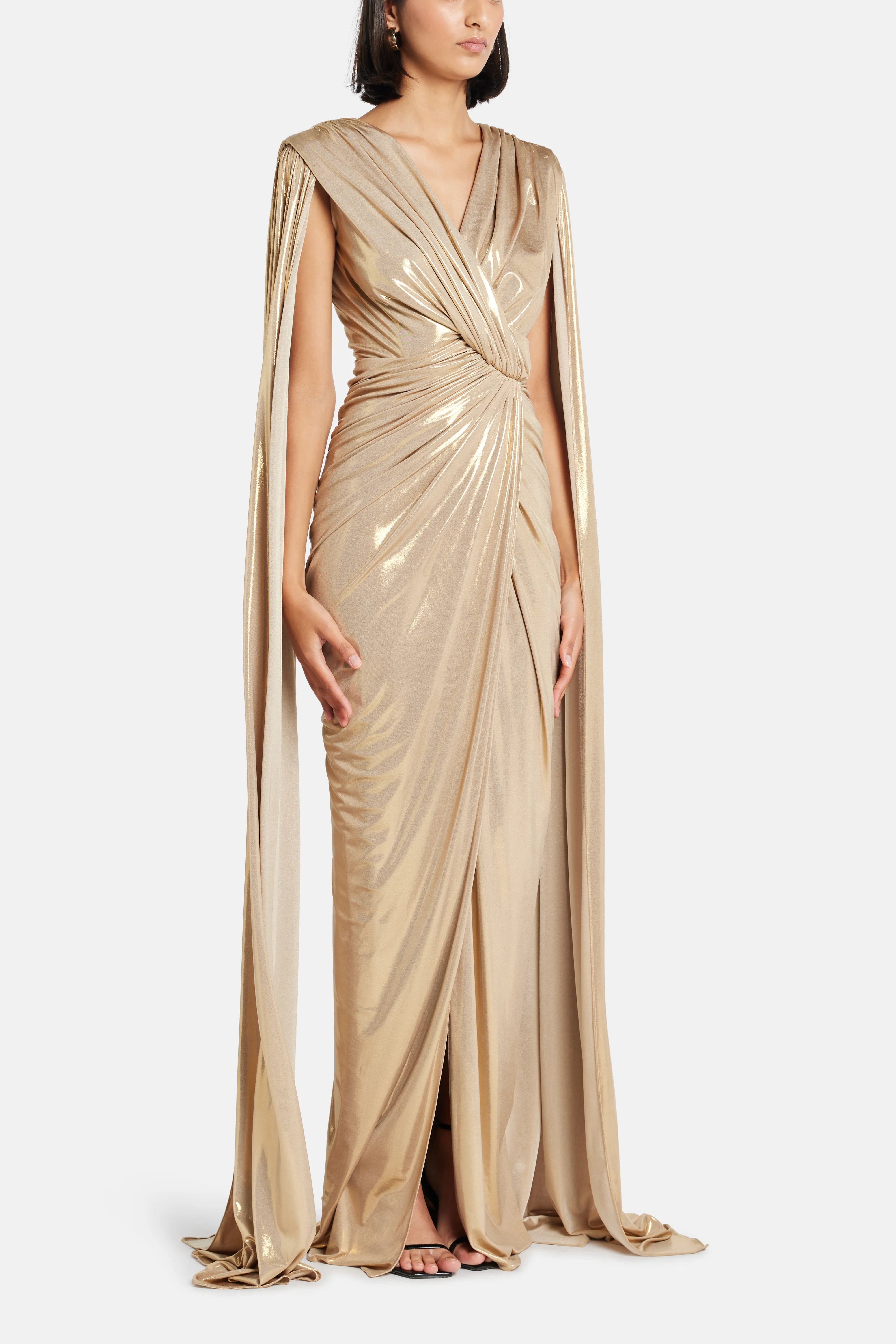 RHEA COSTA Evelyn Cape Sleeves Evening Gown in Gold