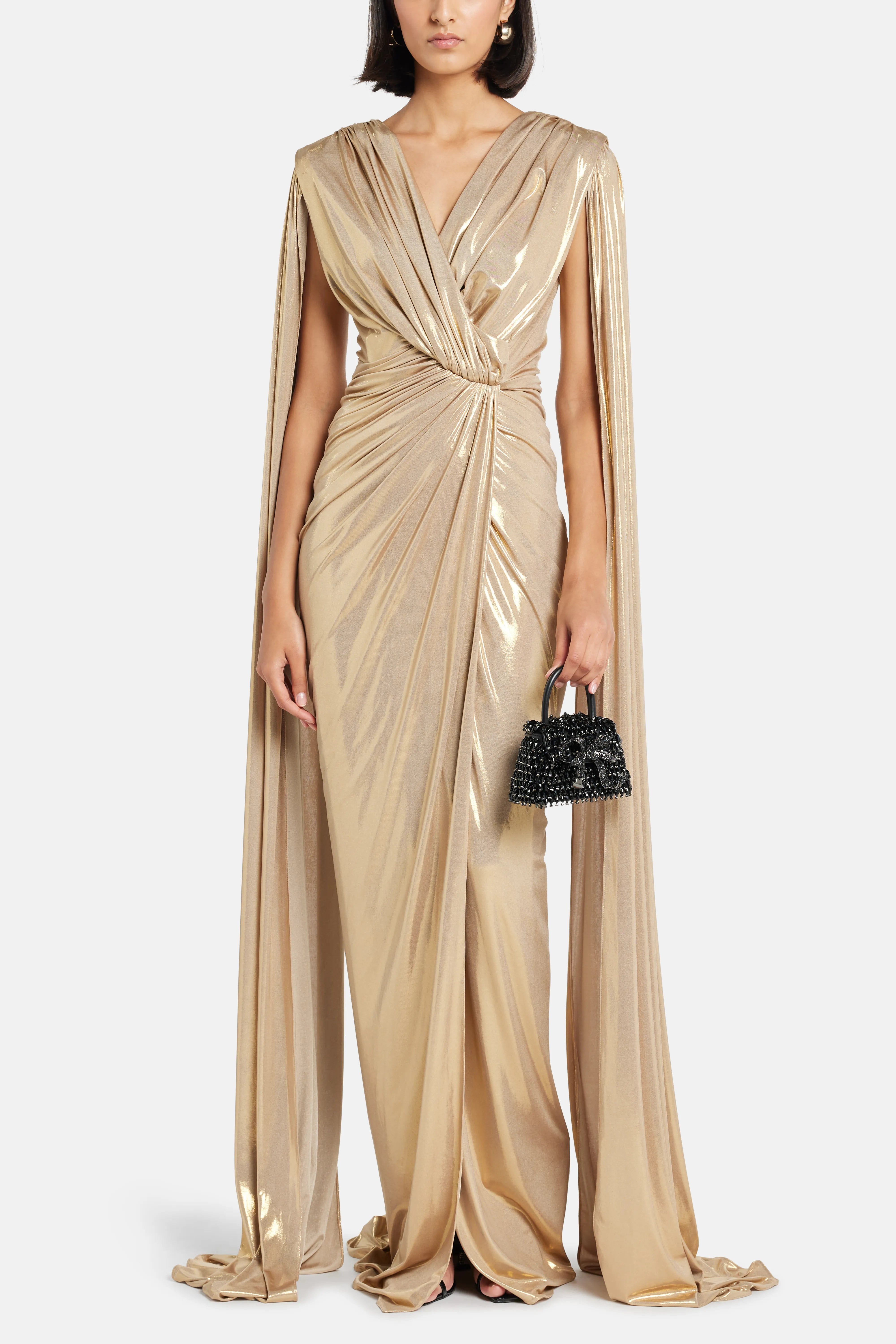 RHEA COSTA Evelyn Cape Sleeves Evening Gown in Gold