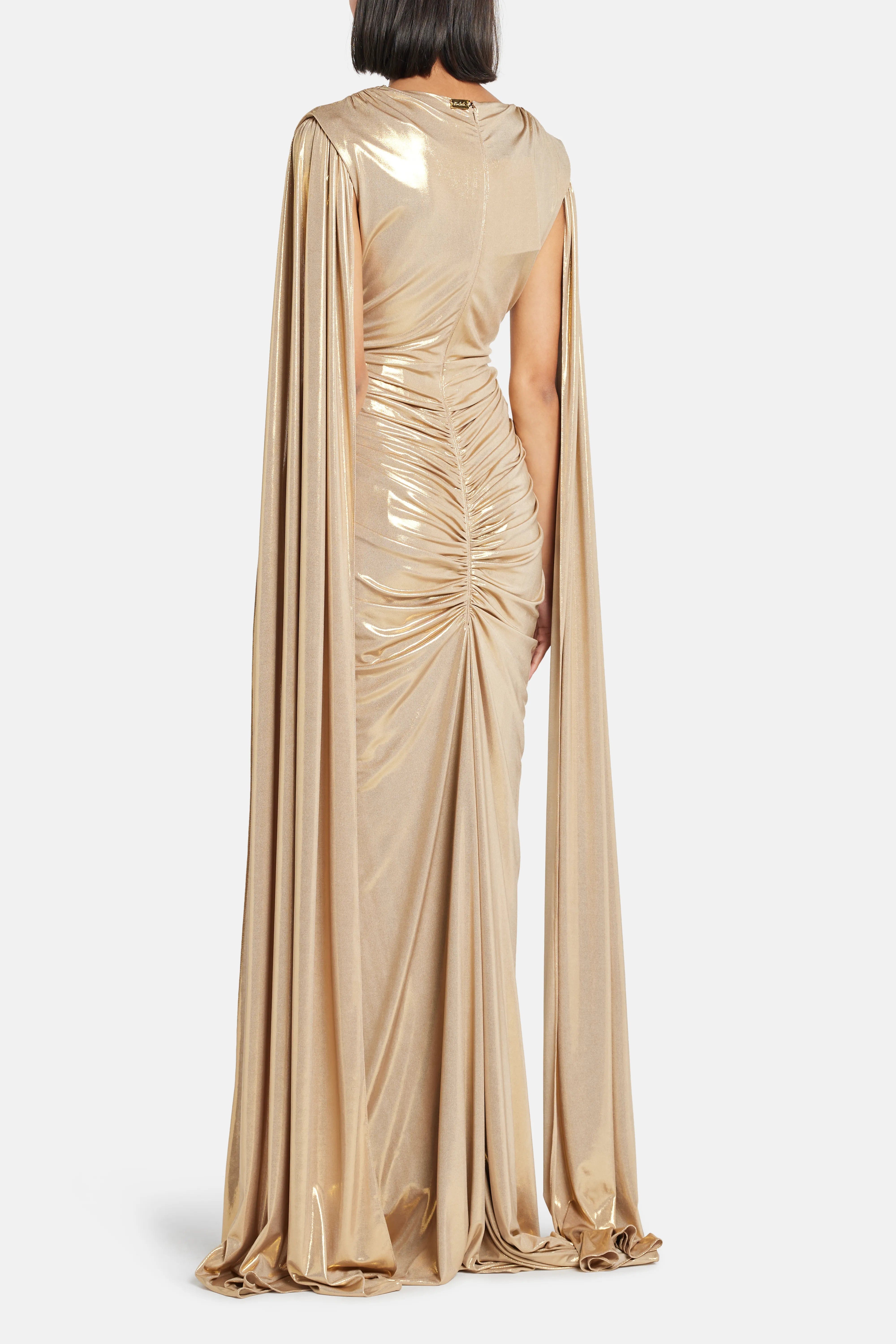 RHEA COSTA Evelyn Cape Sleeves Evening Gown in Gold