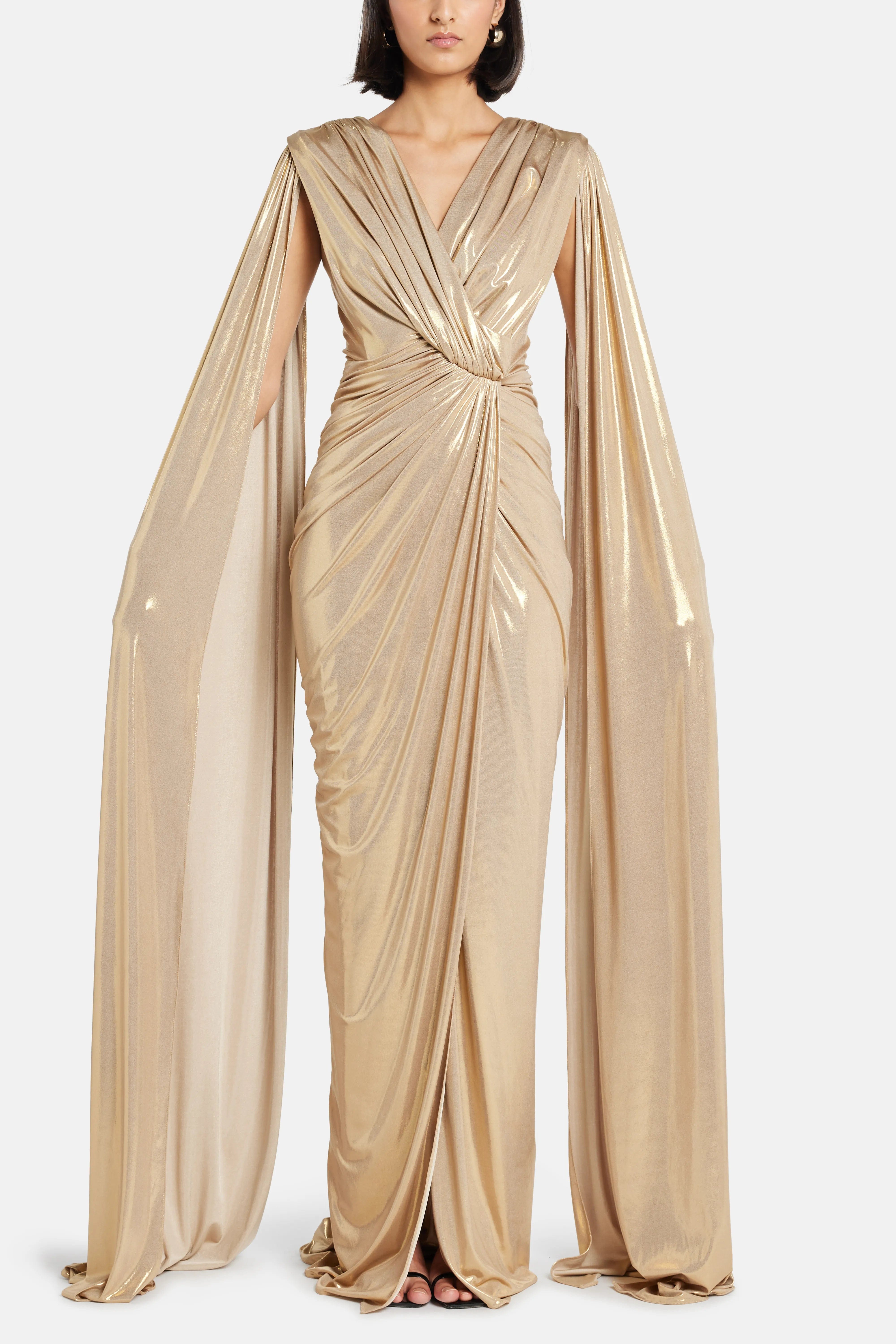 RHEA COSTA Evelyn Cape Sleeves Evening Gown in Gold