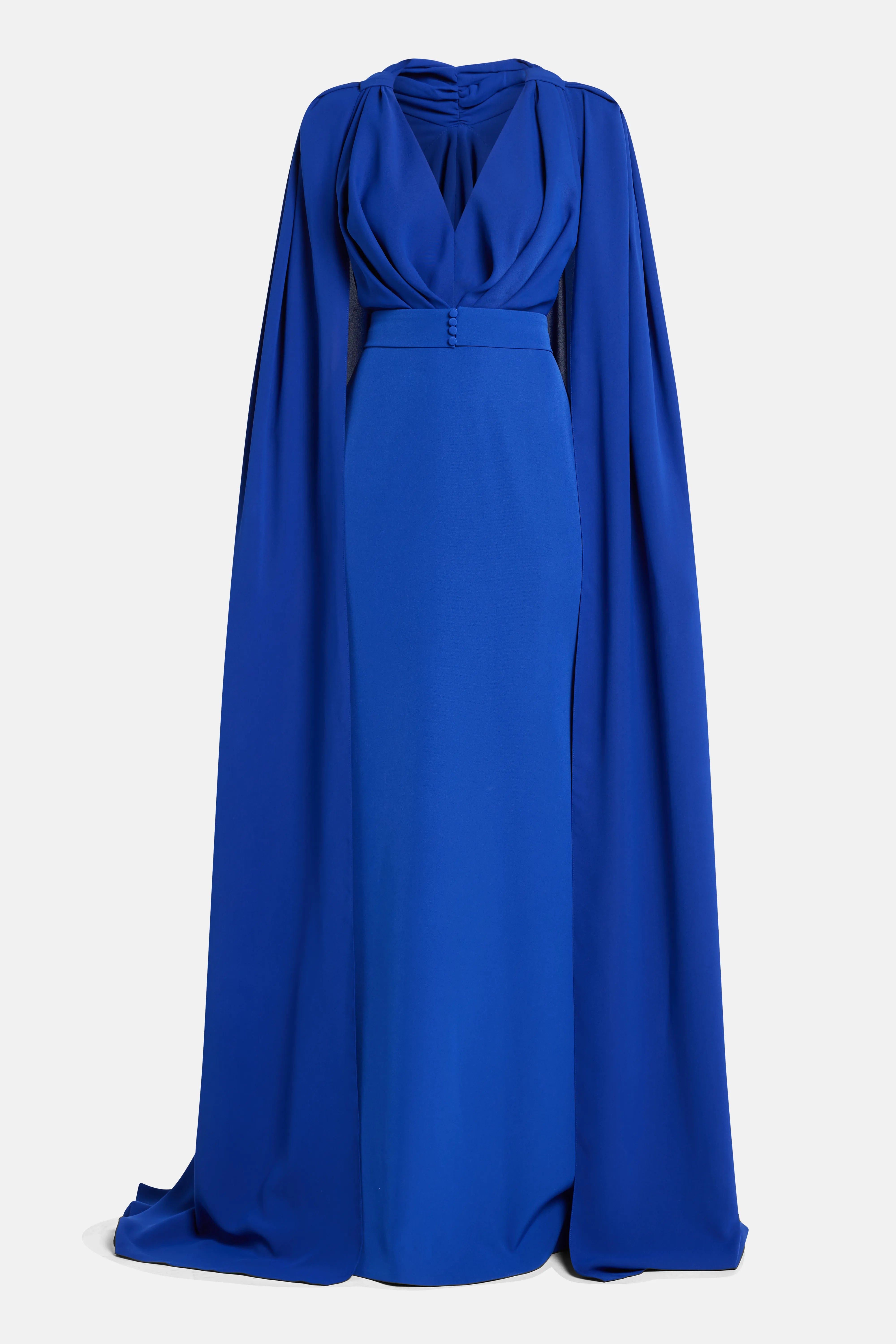 RHEA COSTA Dalal Cape Sleeves Evening Gown in Blue