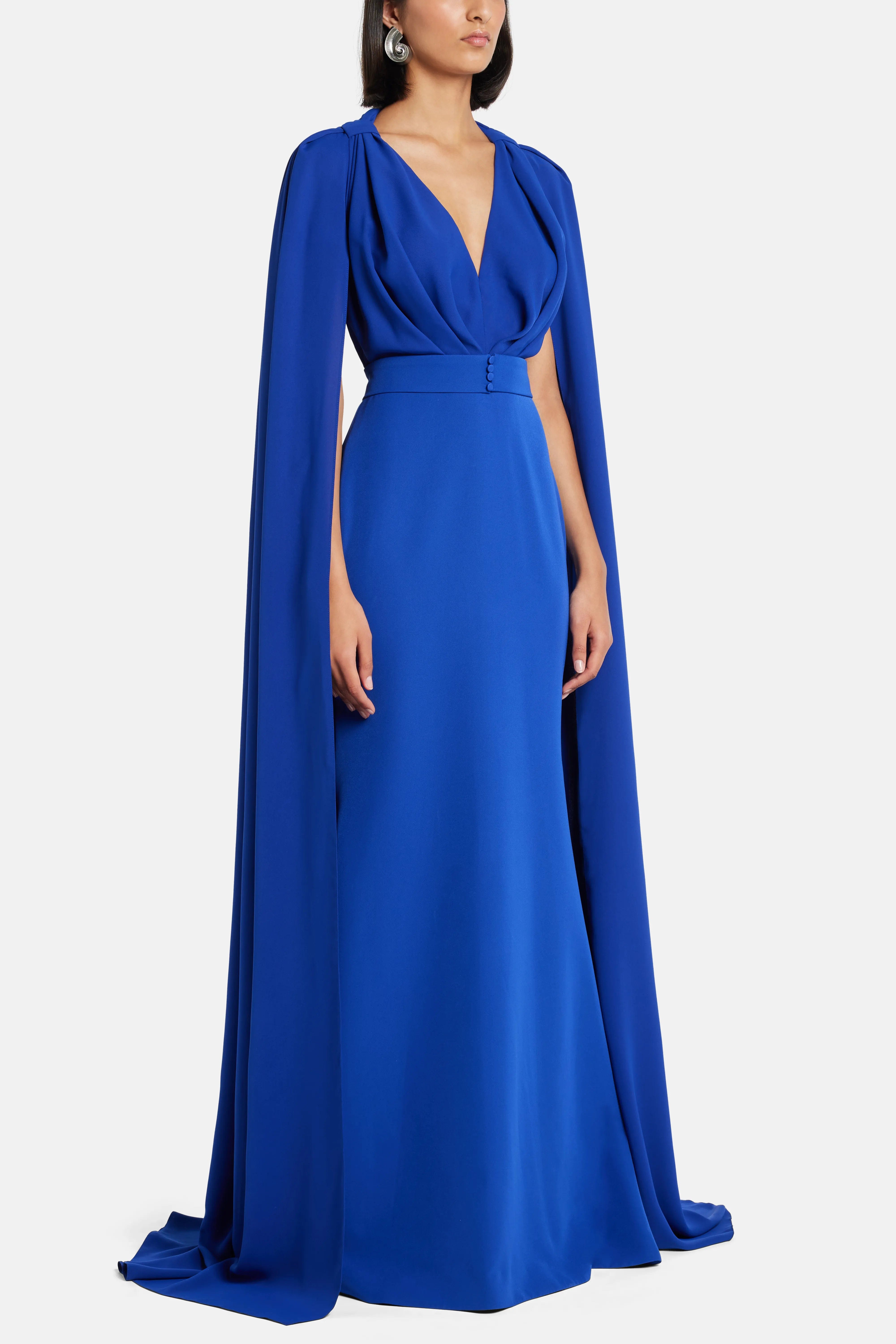 RHEA COSTA Dalal Cape Sleeves Evening Gown in Blue