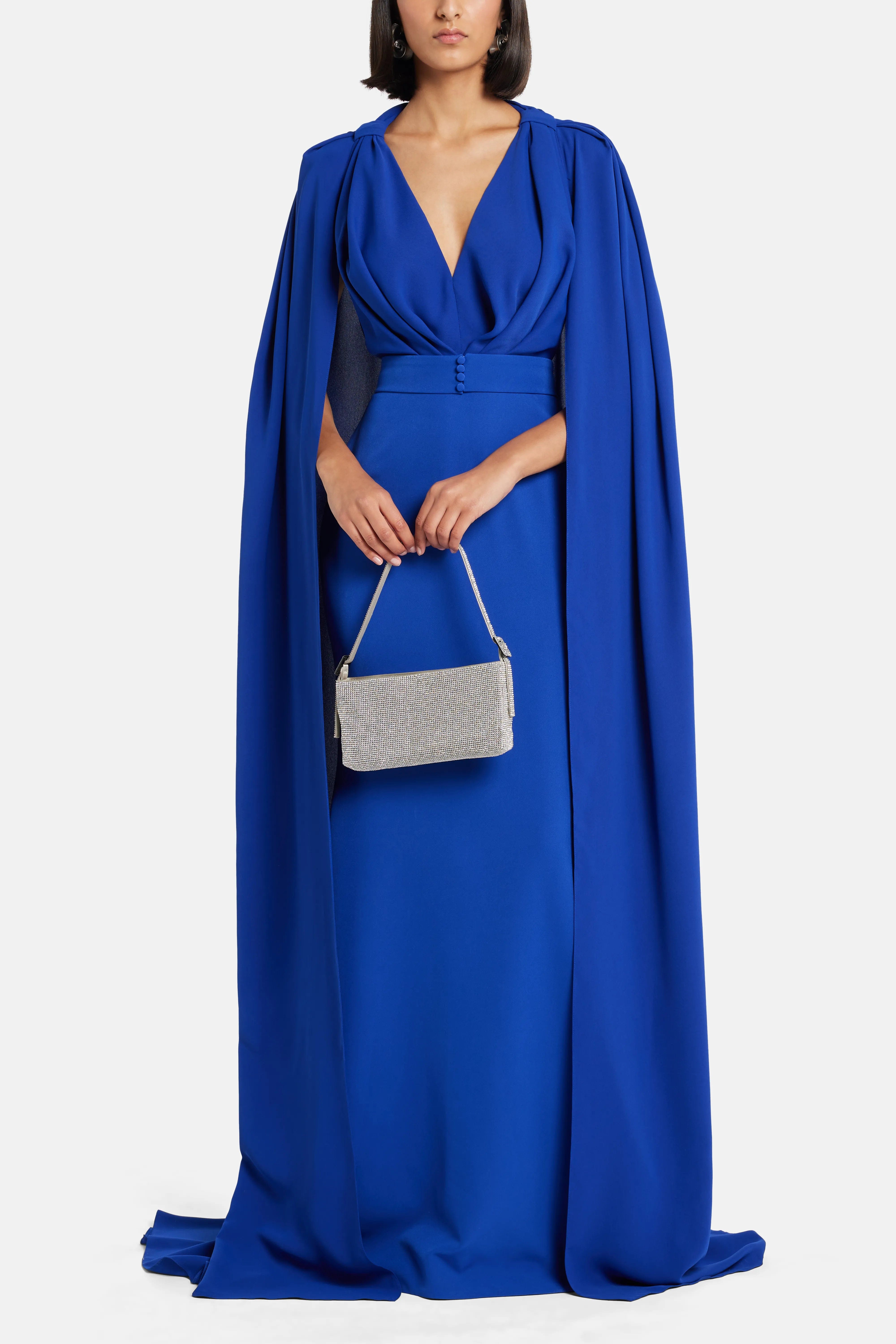 RHEA COSTA Dalal Cape Sleeves Evening Gown in Blue