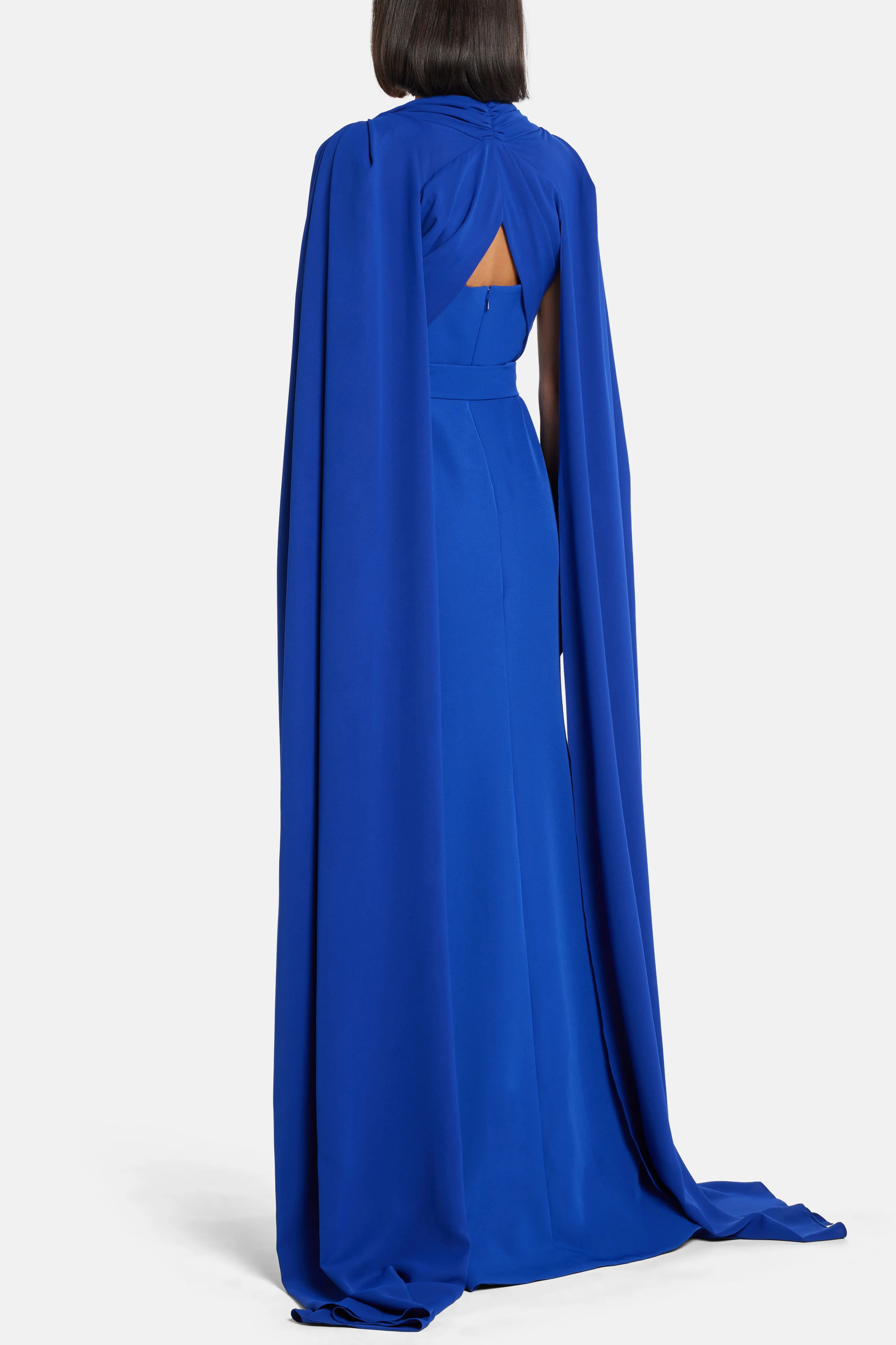 RHEA COSTA Dalal Cape Sleeves Evening Gown in Blue