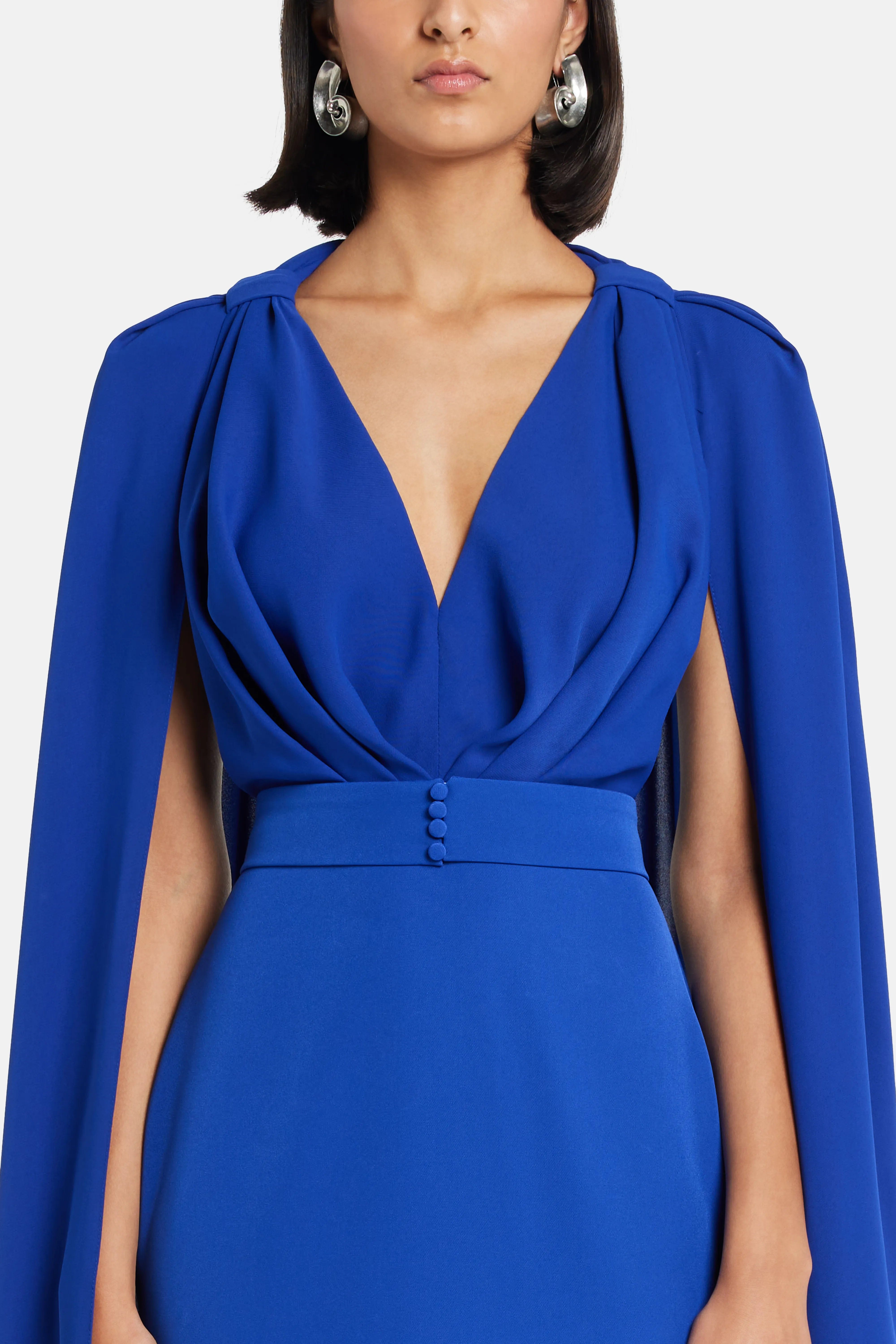 RHEA COSTA Dalal Cape Sleeves Evening Gown in Blue