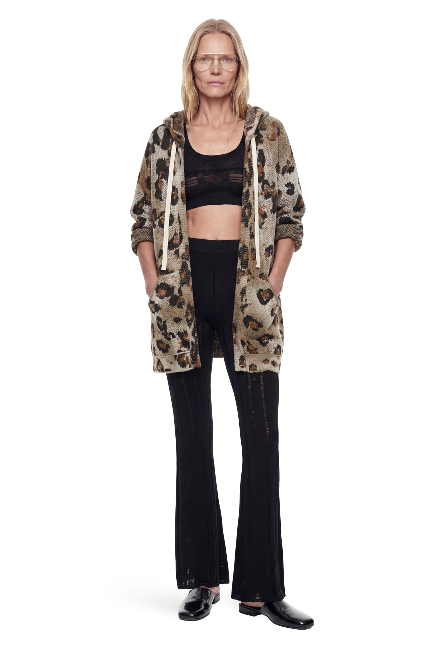 Laneus Ribbed Openwork Bootcut Leggings