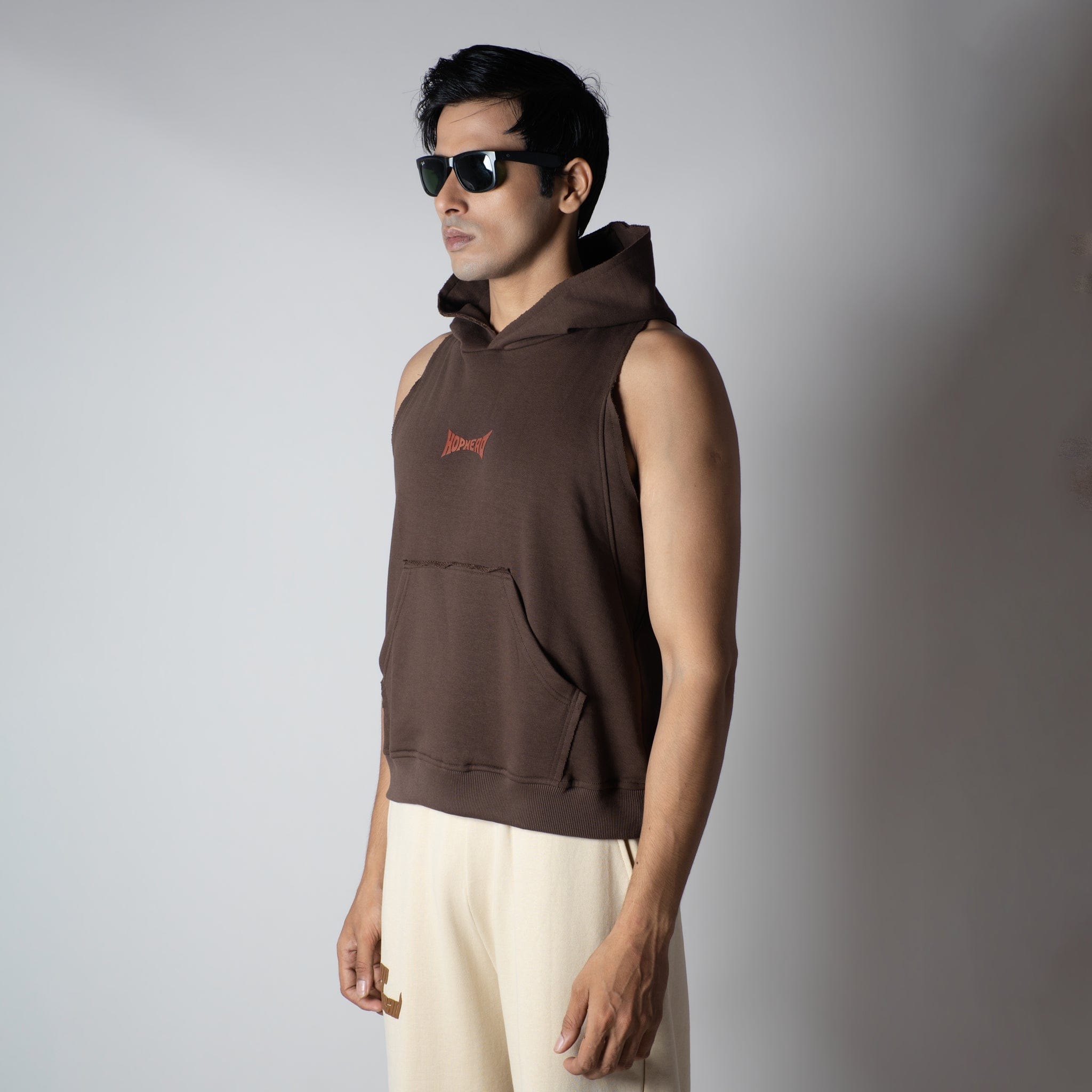 Hophead BROWN RAW EDGE SLEEVELESS HOODIE