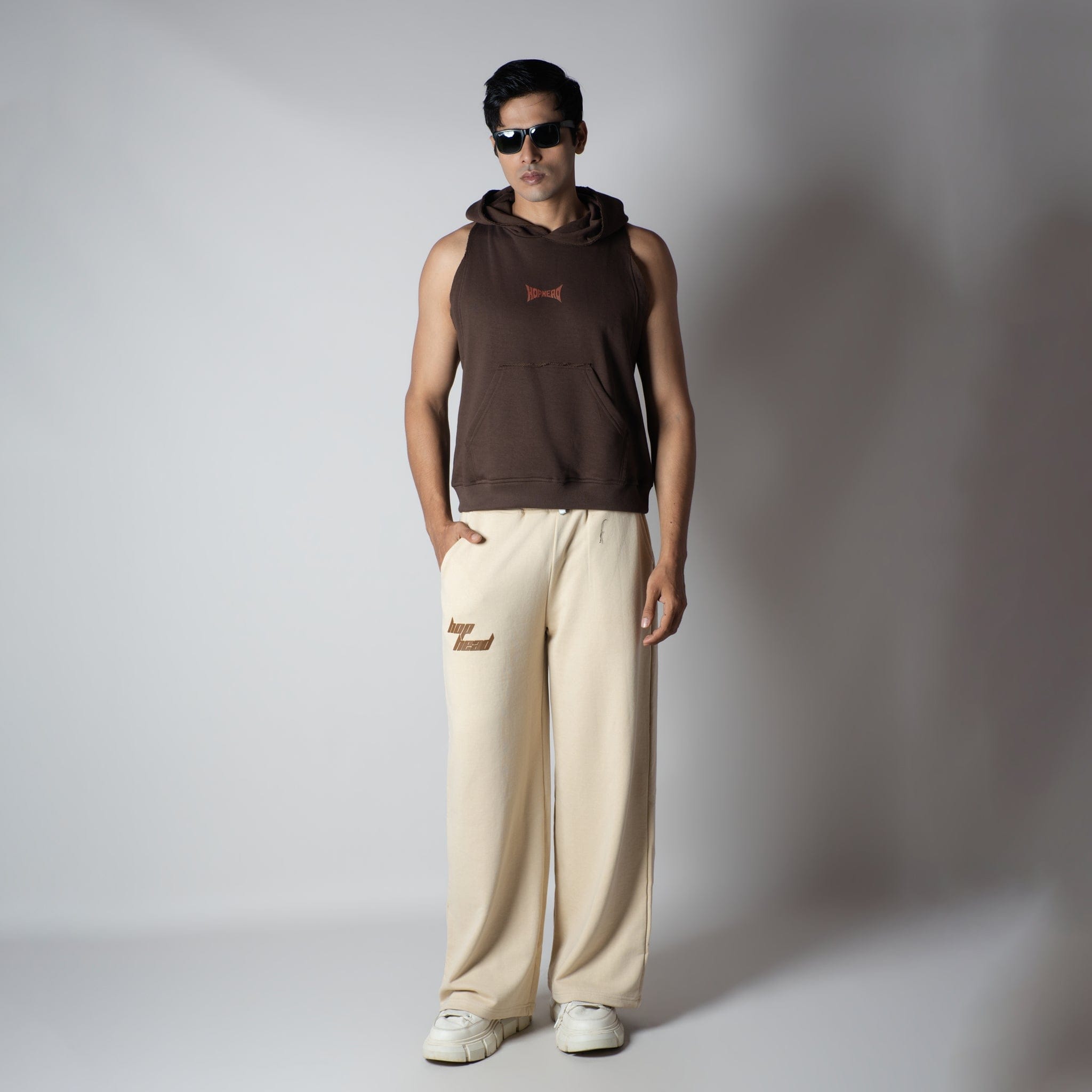 Hophead BROWN RAW EDGE SLEEVELESS HOODIE