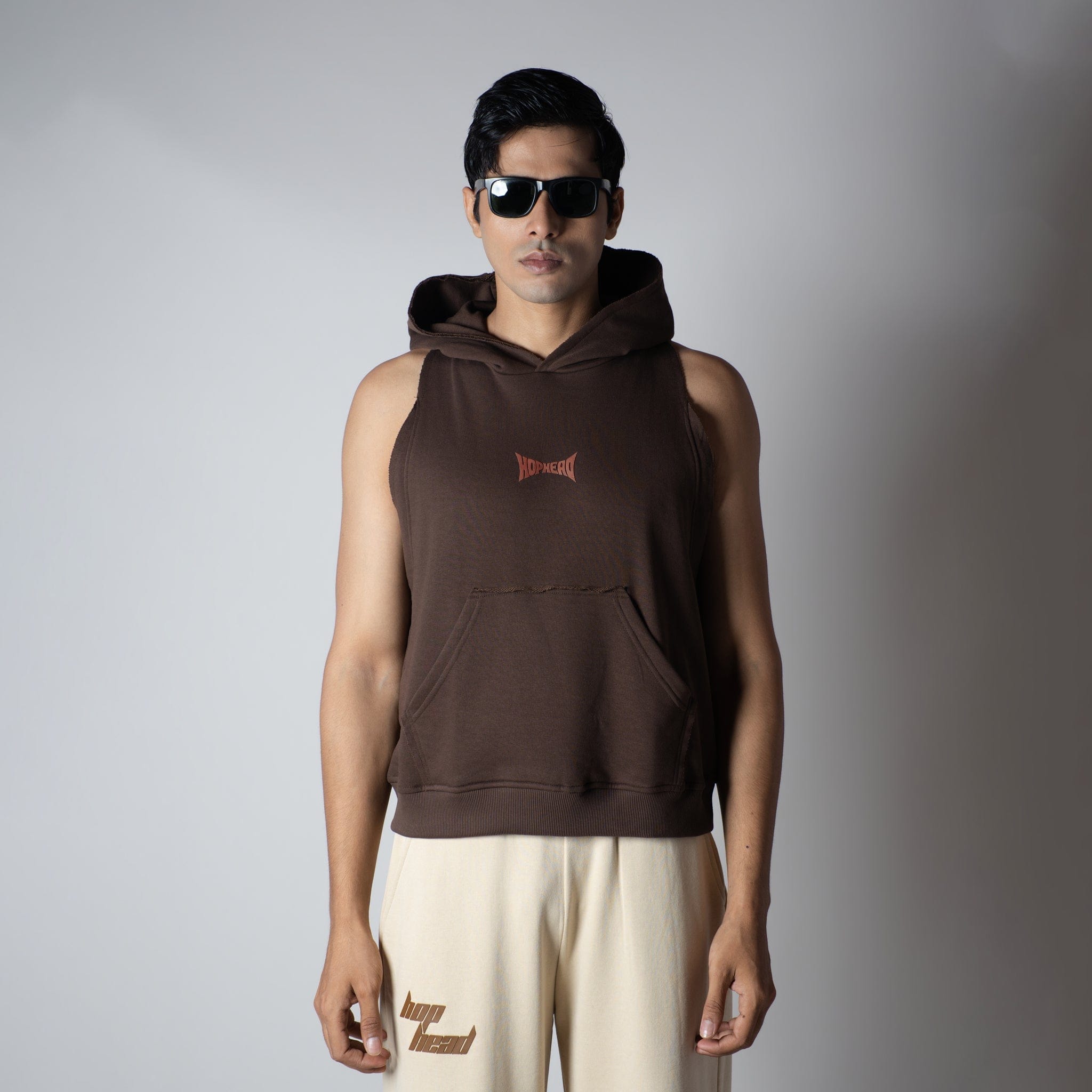 Hophead BROWN RAW EDGE SLEEVELESS HOODIE