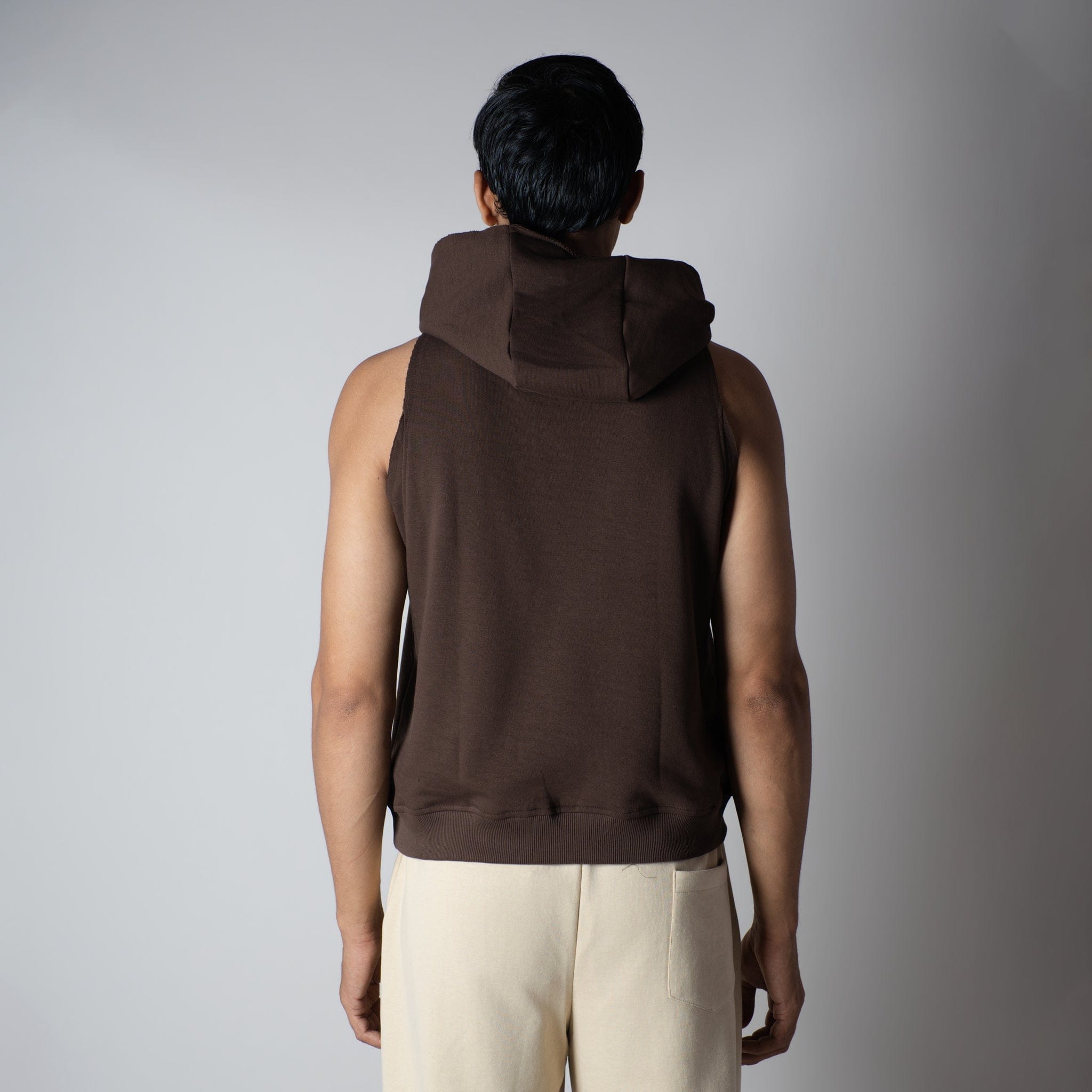 Hophead BROWN RAW EDGE SLEEVELESS HOODIE