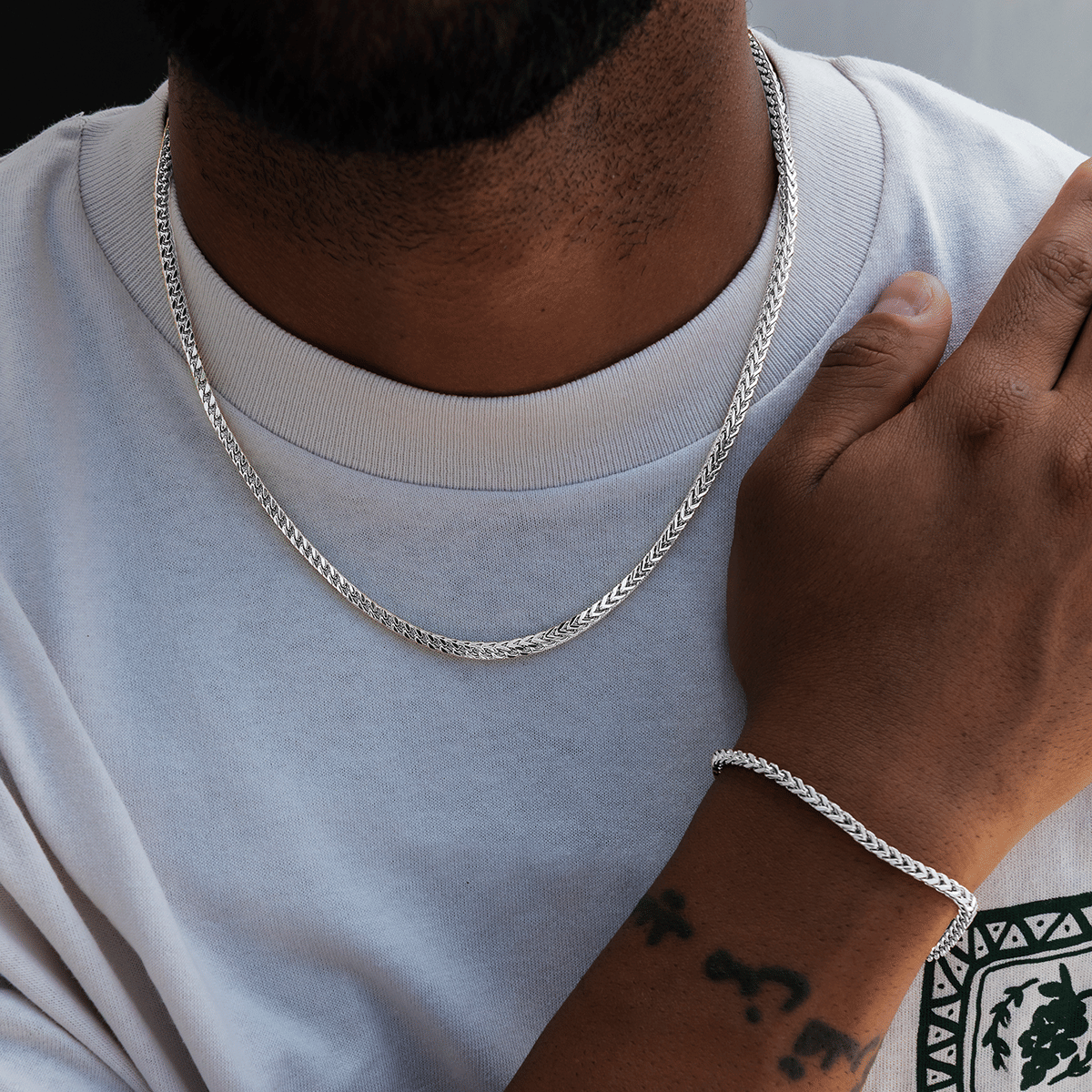 GLD Men Franco Chain + Bracelet Bundle in White Gold - 3 mm