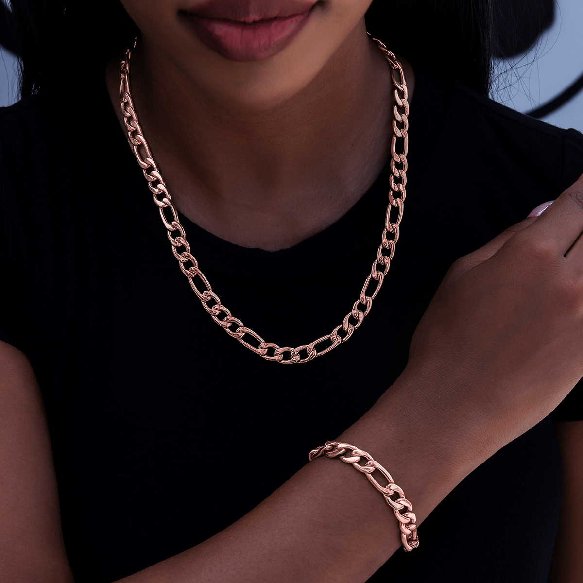 GLD Women Figaro Necklace + Bracelet Bundle in Rose Gold - 6 mm