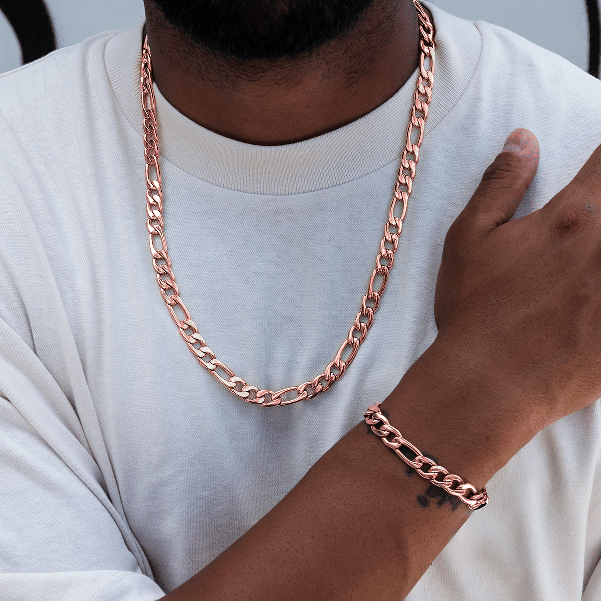 GLD Men Figaro Chain + Bracelet Bundle in Rose Gold - 6 mm