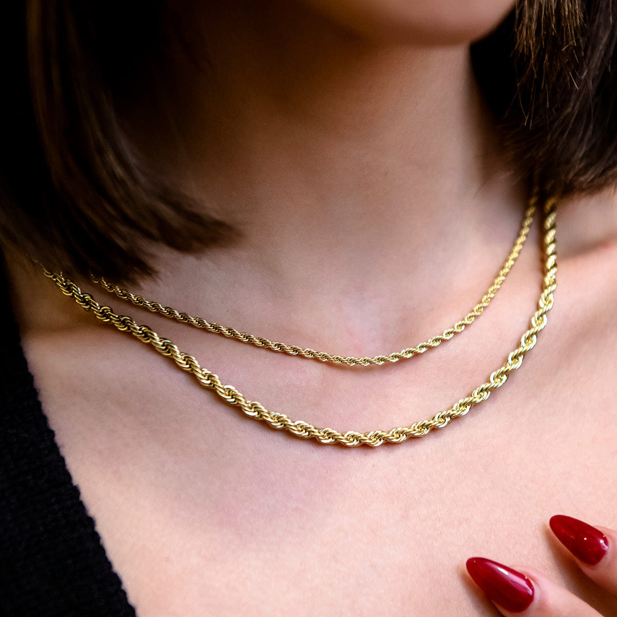 GLD Women 2 mm + 4 mm Rope Necklace Bundle in Yellow Gold
