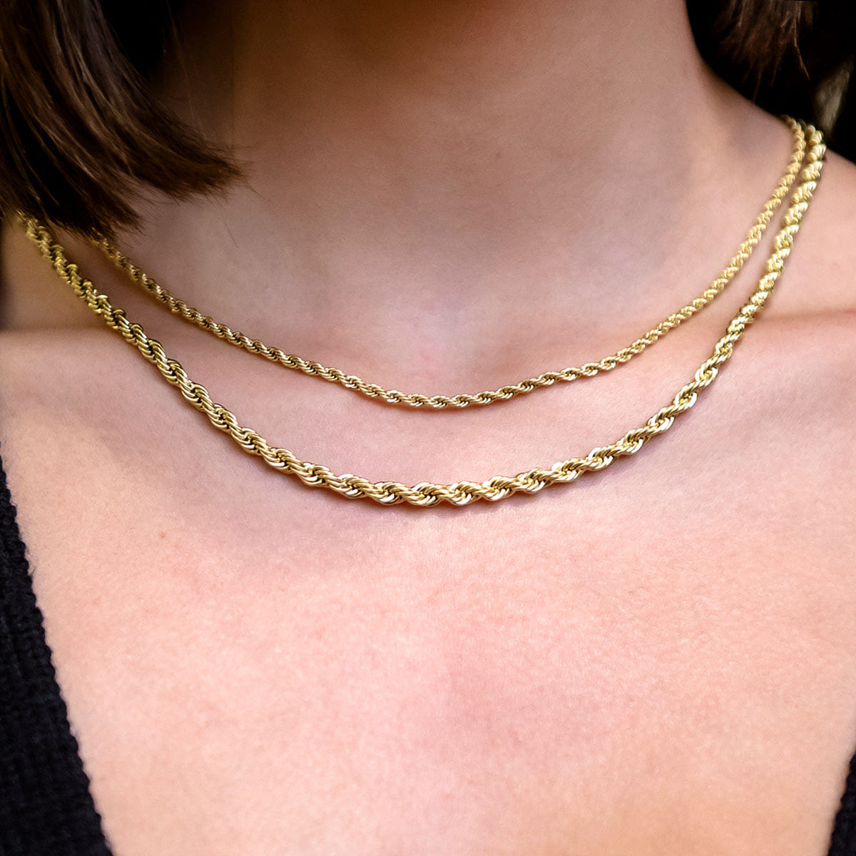 GLD Women 2 mm + 4 mm Rope Necklace Bundle in Yellow Gold