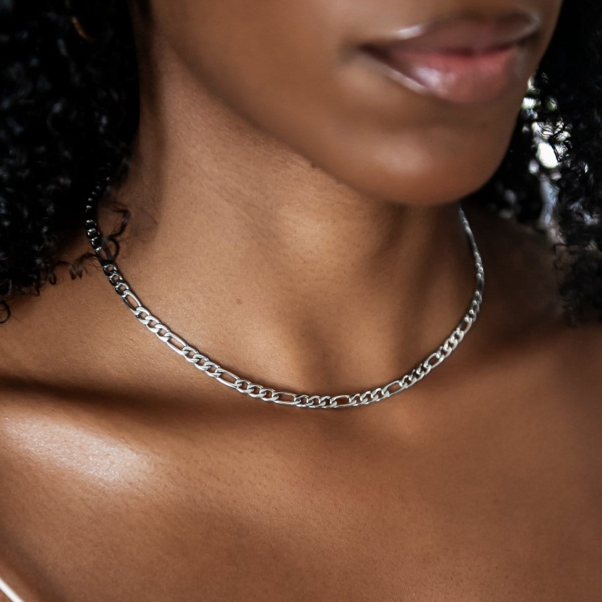 GLD Women Figaro Link Necklace + Bracelet Bundle in White Gold - 4 mm