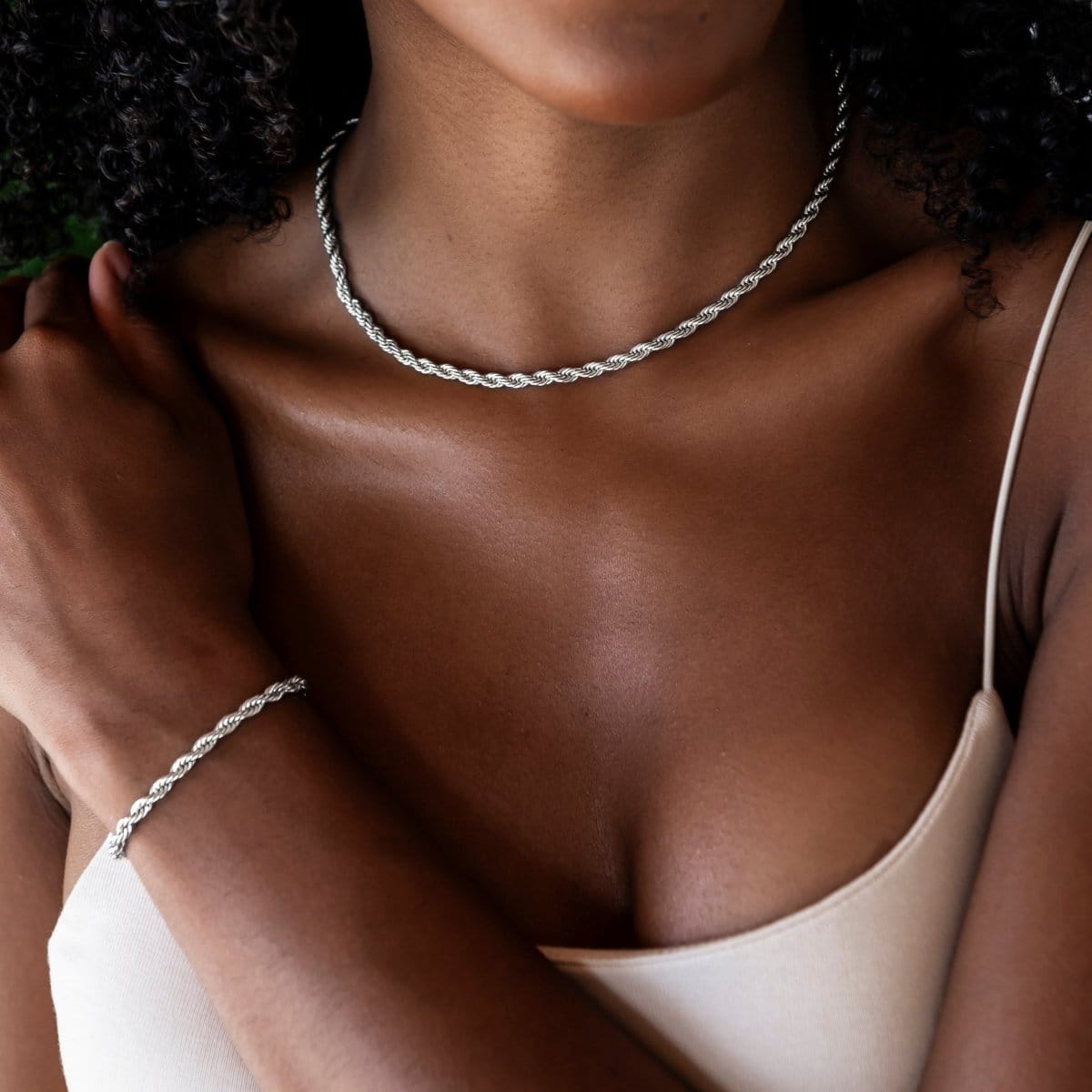 GLD Women Rope Necklace + Bracelet Bundle in White Gold - 4 mm