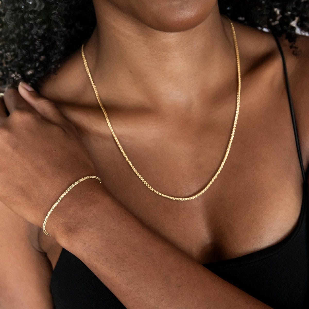 GLD Women Palm Chain Necklace + Bracelet Bundle in Yellow Gold - 2 mm