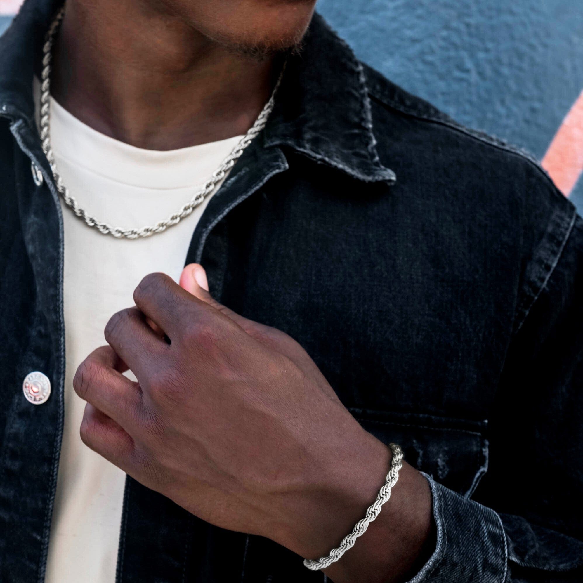 GLD Men Rope Chain + Bracelet Bundle in White Gold - 6 mm