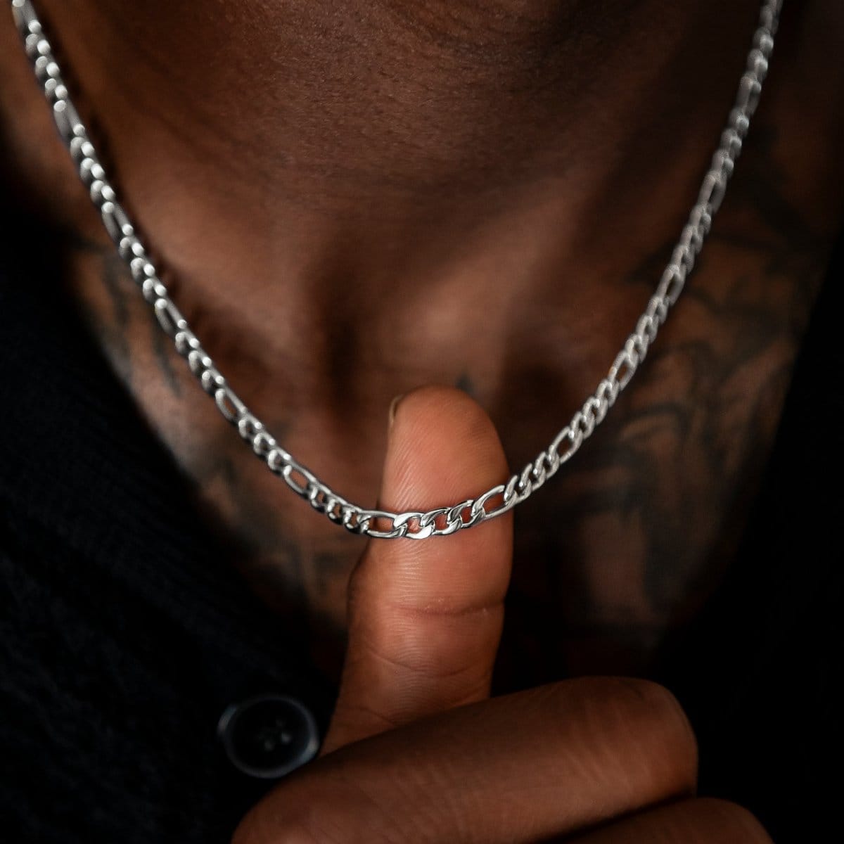GLD Men Figaro Link Chain + Bracelet Bundle in White Gold - 4 mm