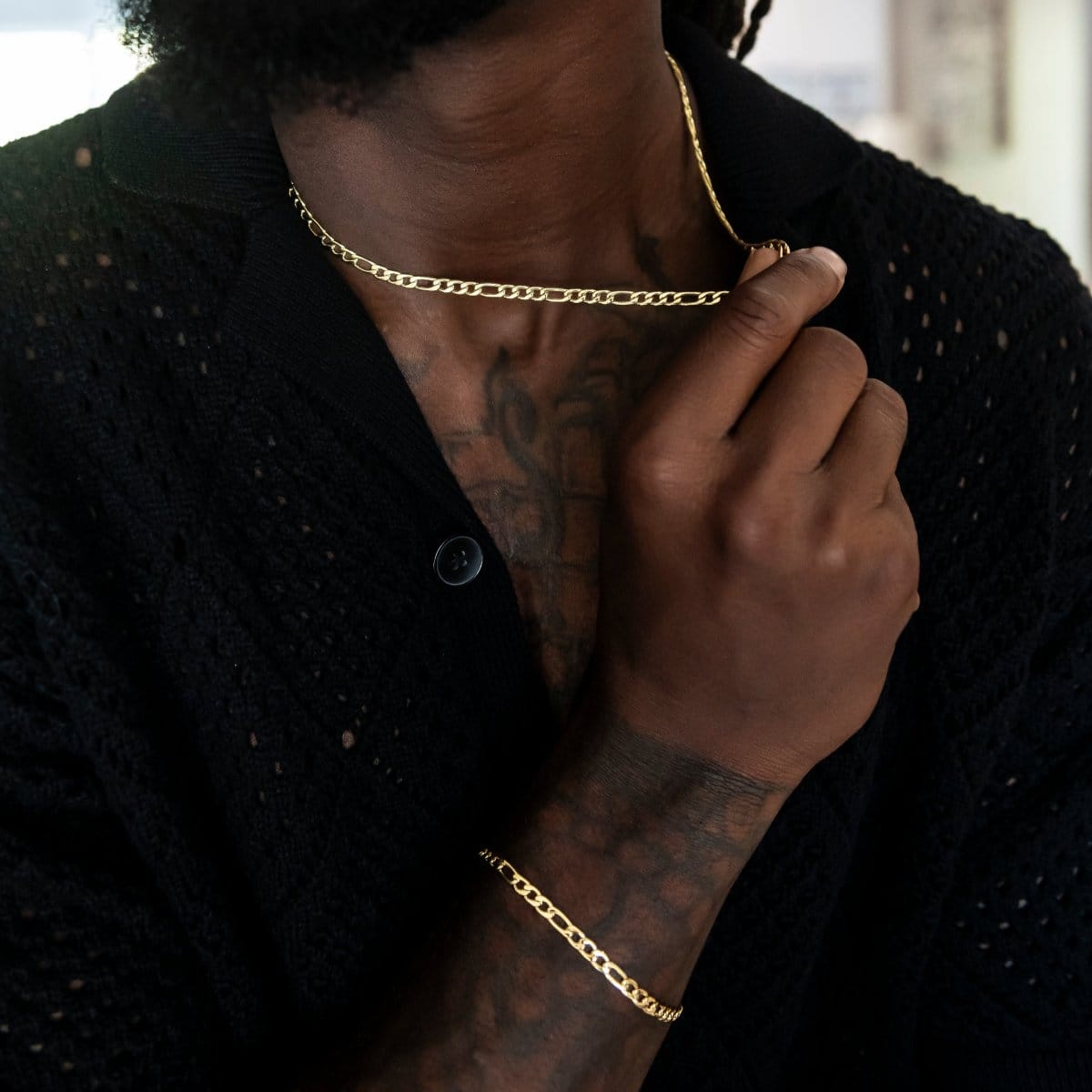 GLD Men Figaro Link Chain + Bracelet Bundle in Yellow Gold - 4 mm