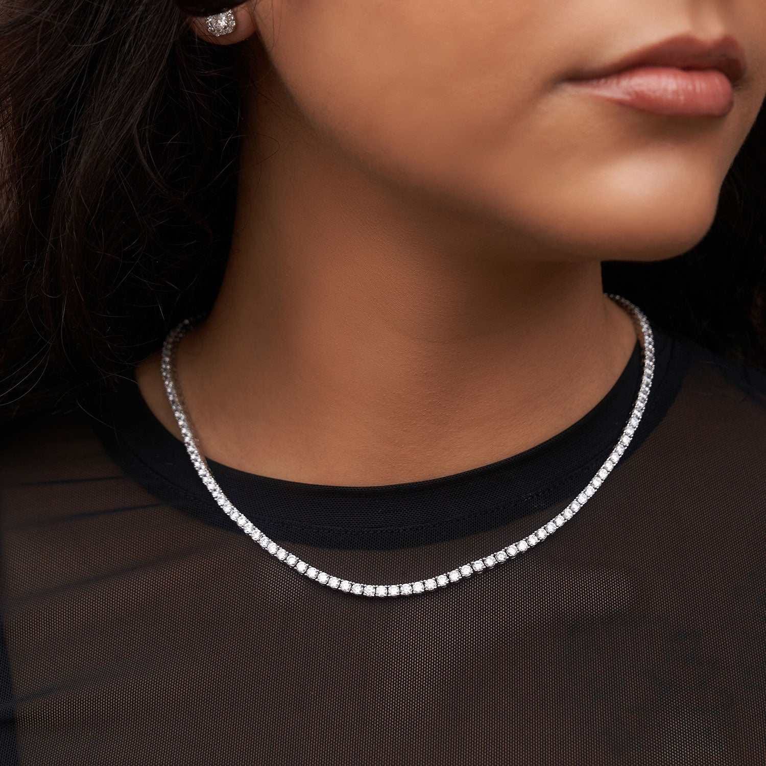 GLD Women Diamond Tennis Necklace + Anklet Bundle in White Gold - 3 mm