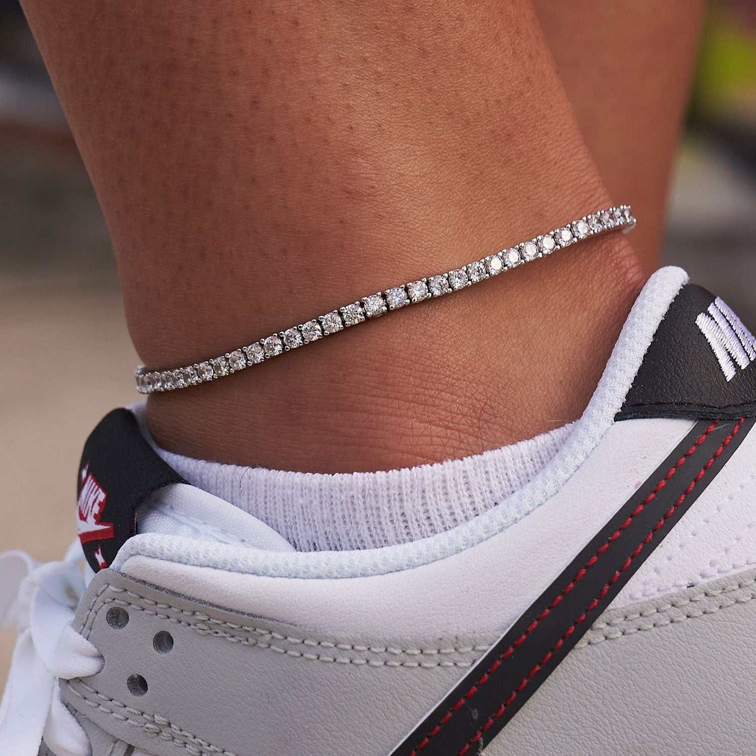 GLD Women Diamond Tennis Necklace + Anklet Bundle in White Gold - 3 mm