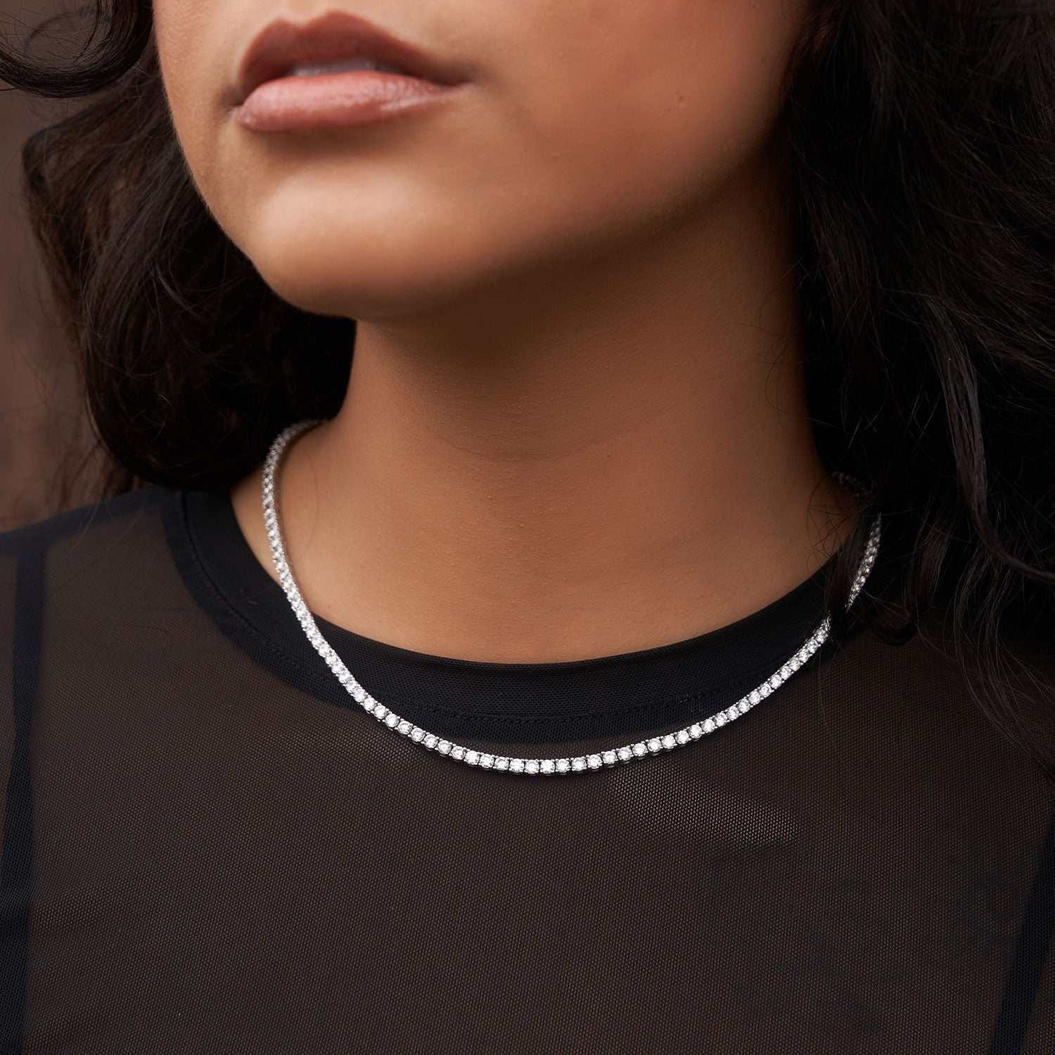 GLD Women Diamond Tennis Necklace + Anklet Bundle in White Gold - 3 mm