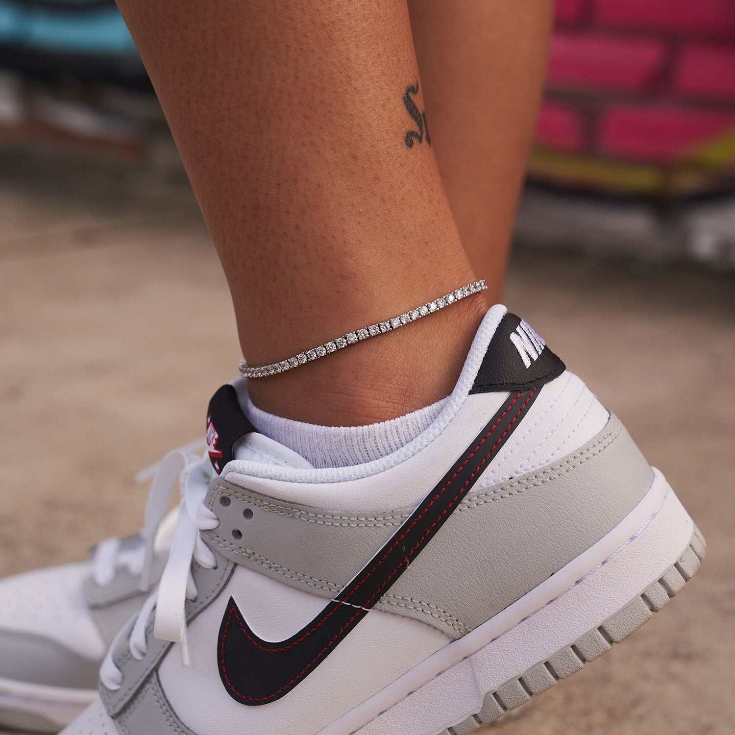 GLD Women Diamond Tennis Necklace + Anklet Bundle in White Gold - 3 mm