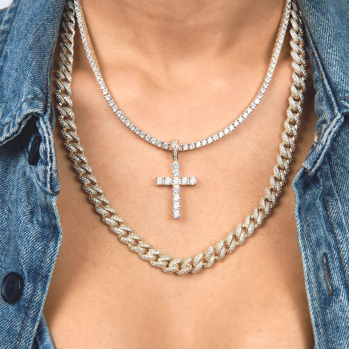GLD Women Diamond Tennis and Diamond Cuban Necklaces + Diamond Cross Bundle in Yellow Gold