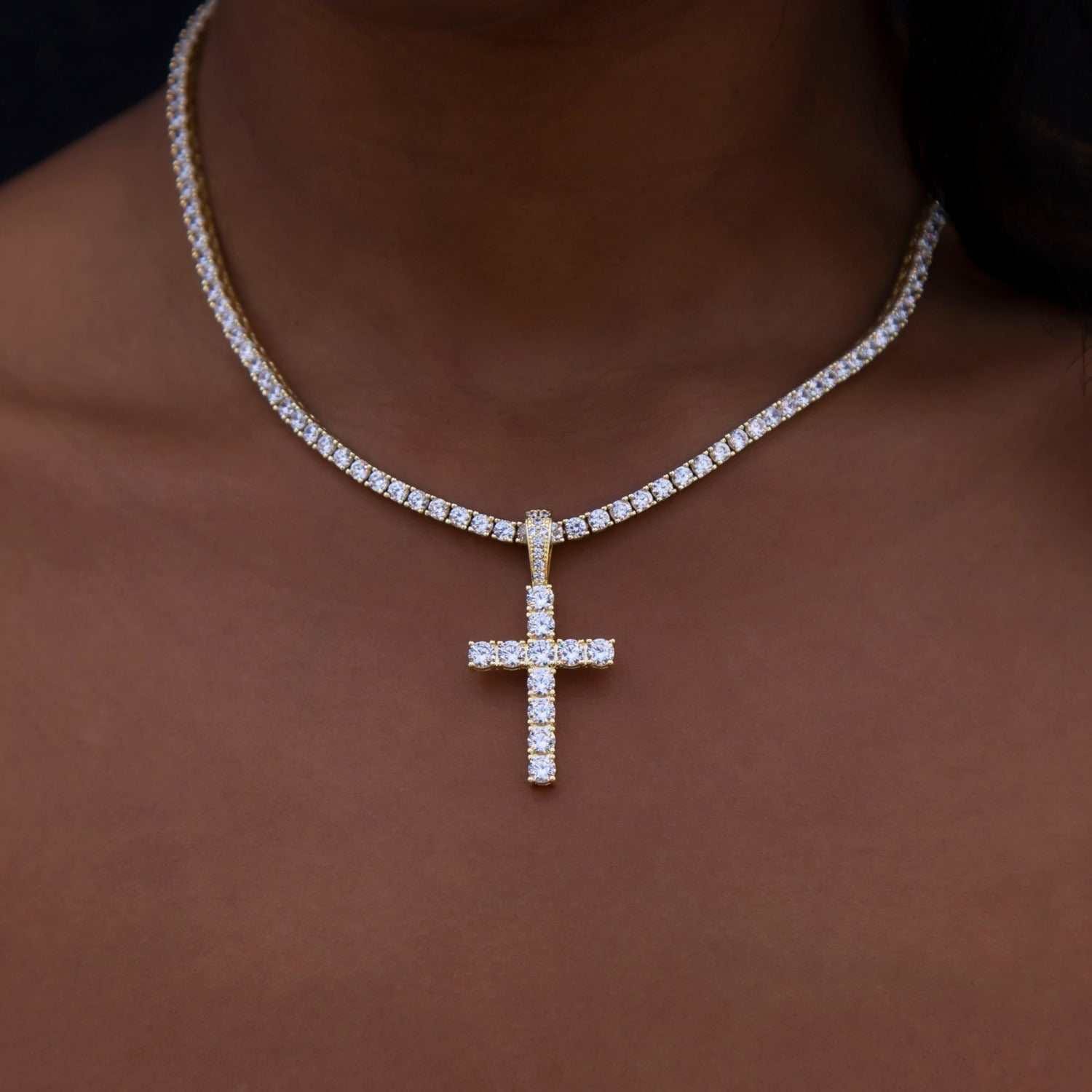 GLD Women Diamond Tennis and Diamond Cuban Necklaces + Diamond Cross Bundle in Yellow Gold