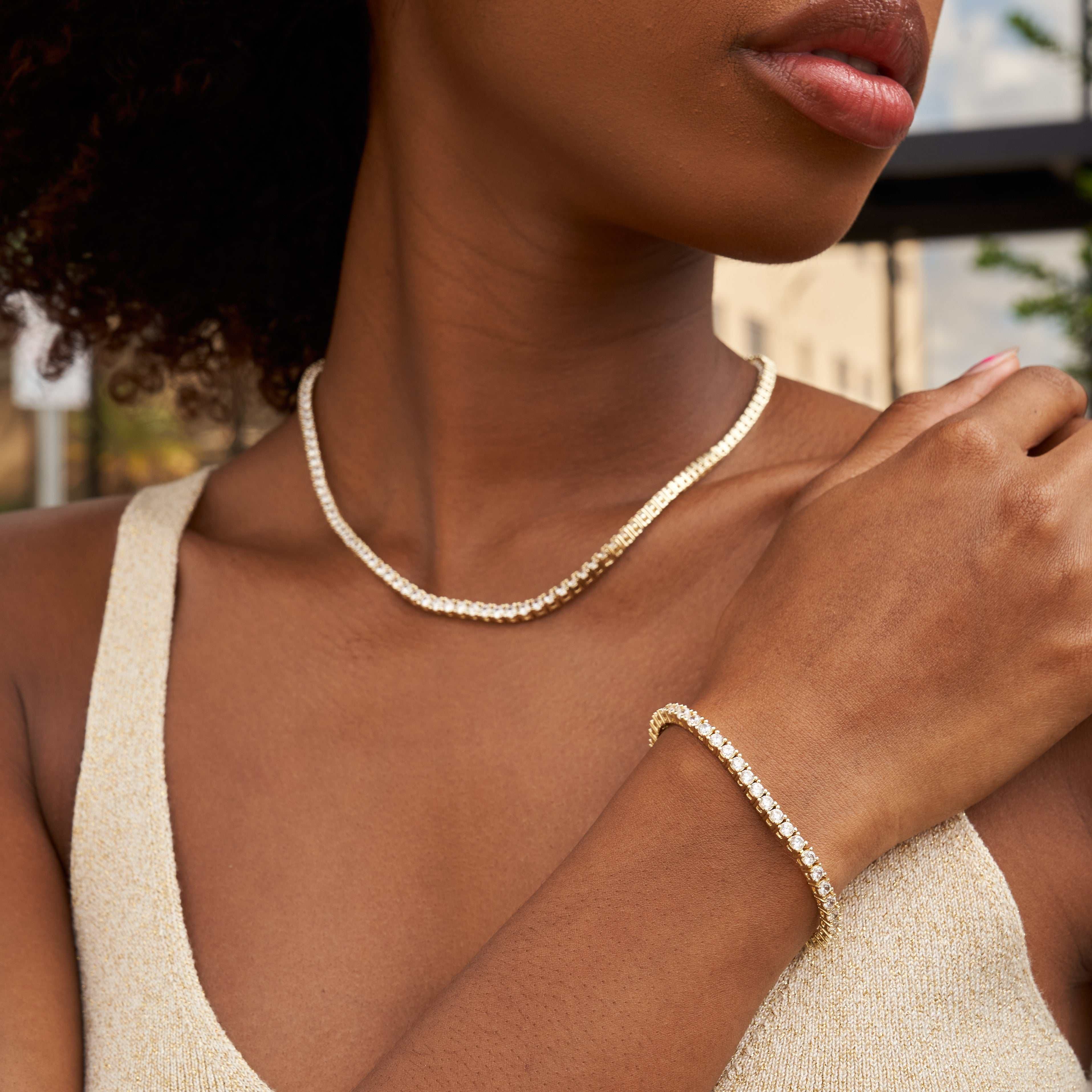 GLD Women Diamond Tennis Necklace + Bracelet Bundle in Yellow Gold - 3 mm