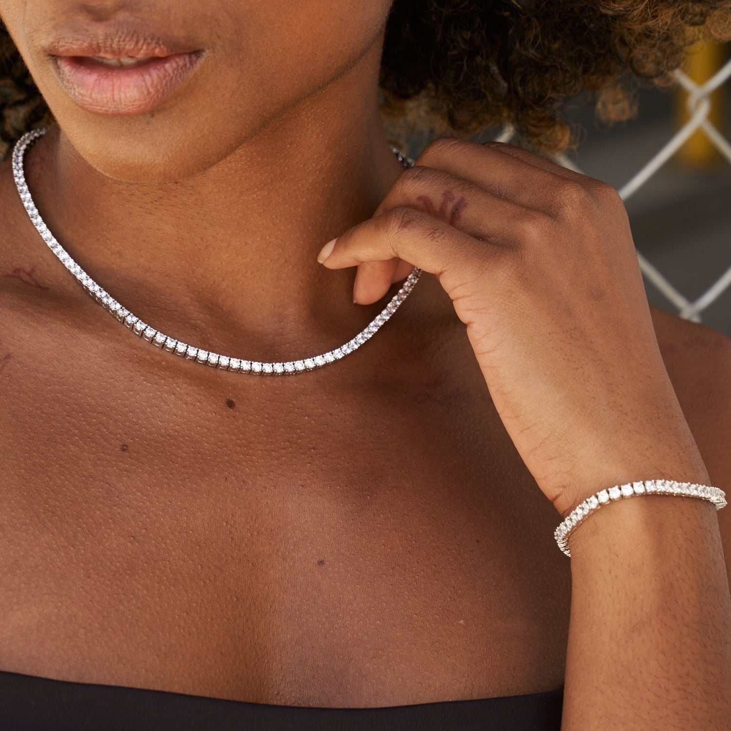 GLD Women Diamond Tennis Necklace + Bracelet Bundle in White Gold - 3 mm