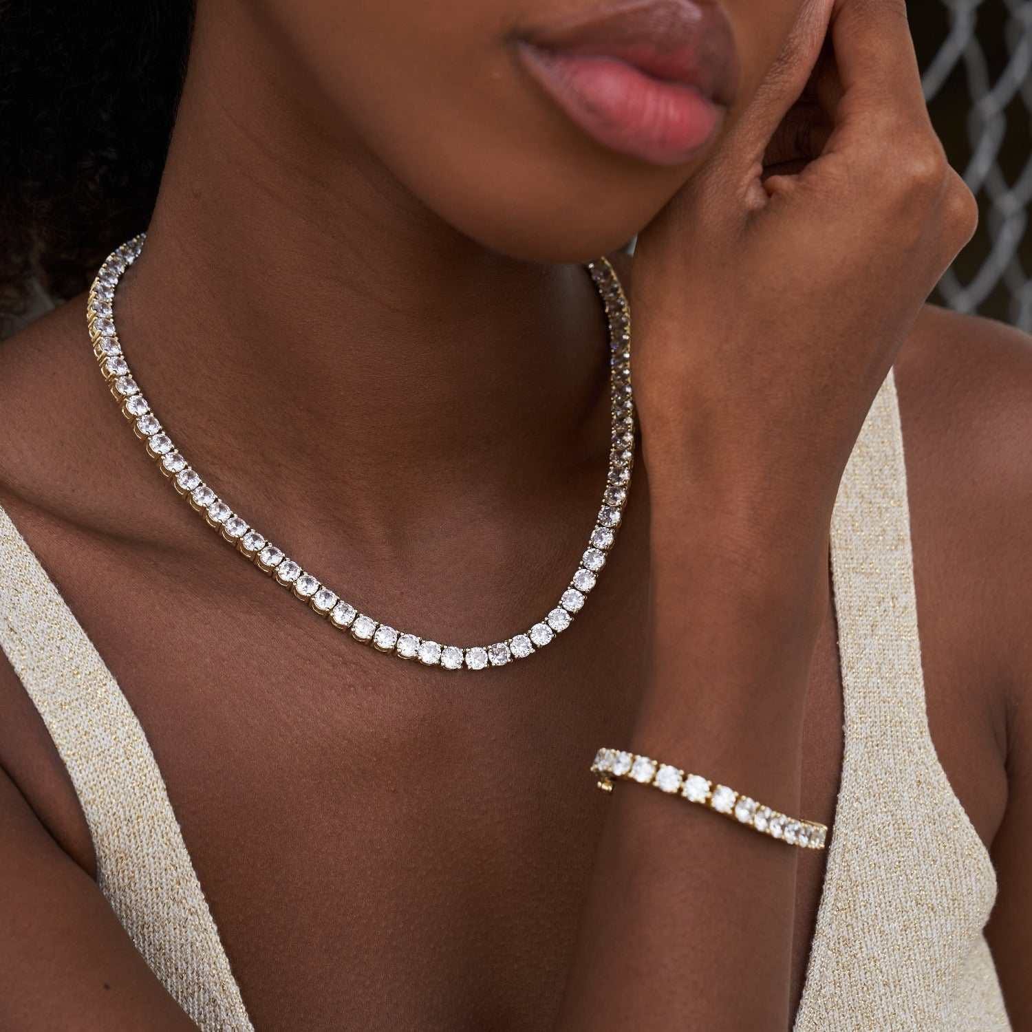 GLD Women Diamond Tennis Necklace + Bracelet Bundle in Yellow Gold - 5 mm