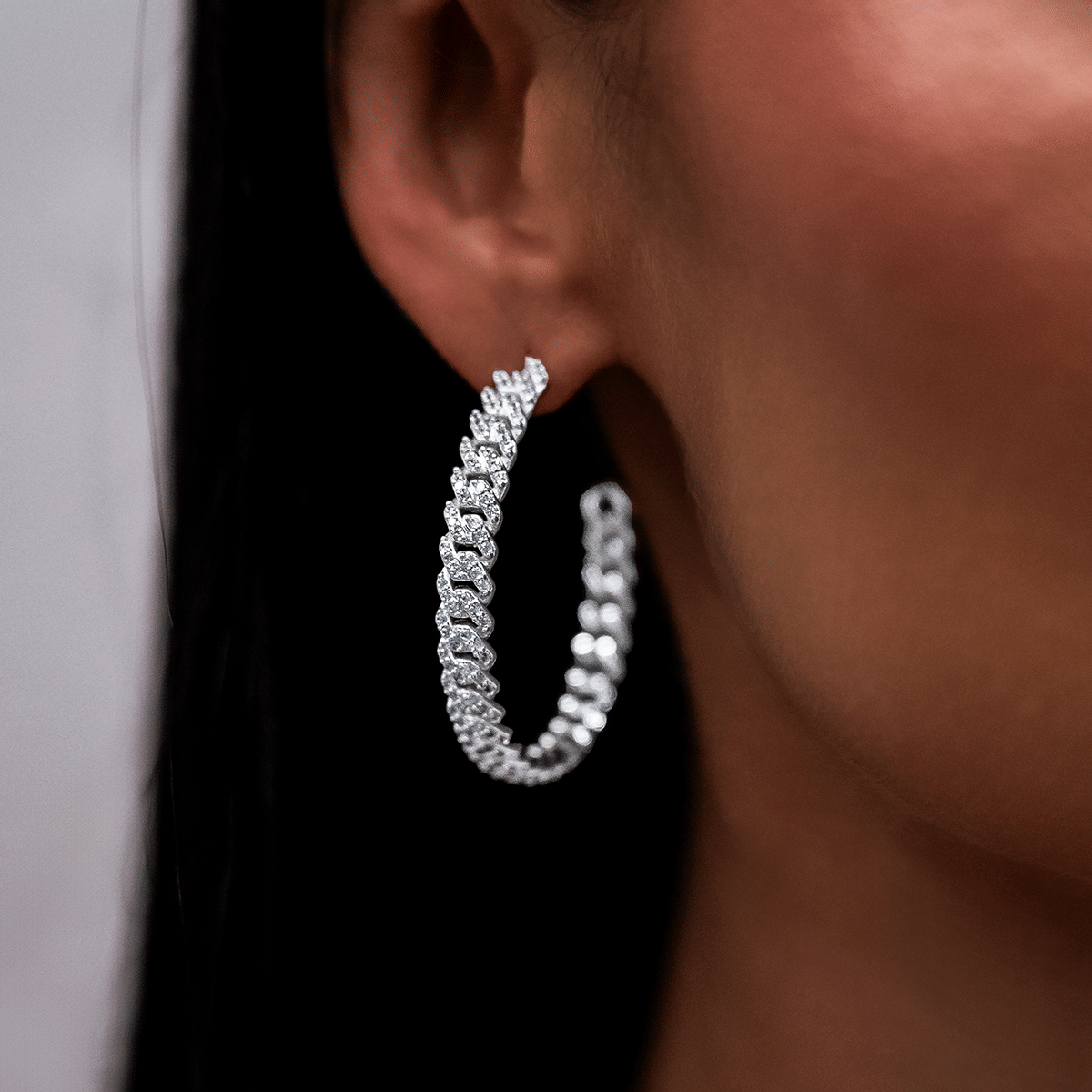 GLD Women Diamond Prong Hoop Earrings in White Gold