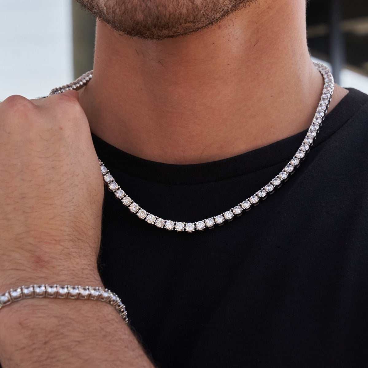 GLD Men Diamond Tennis Chain + Bracelet Bundle in White Gold - 5 mm