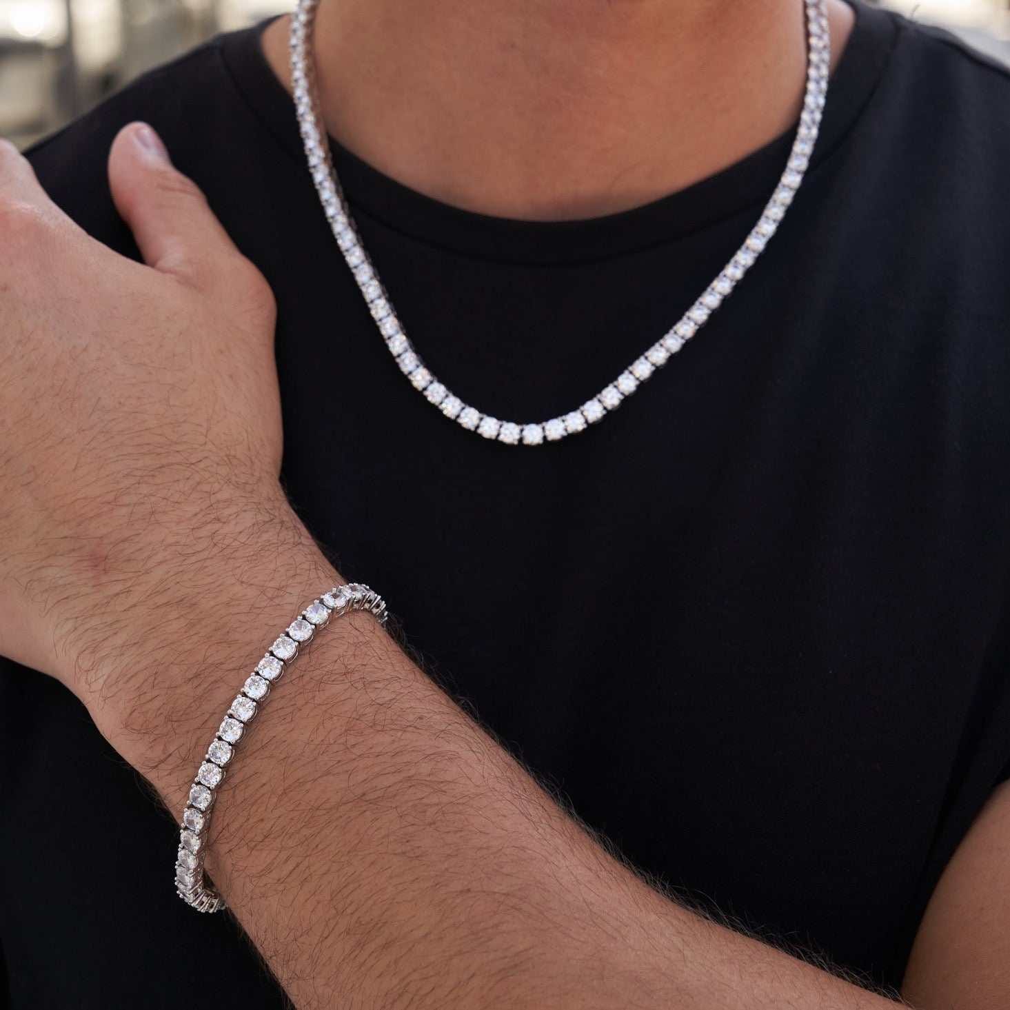 GLD Men Diamond Tennis Chain + Bracelet Bundle in White Gold - 5 mm