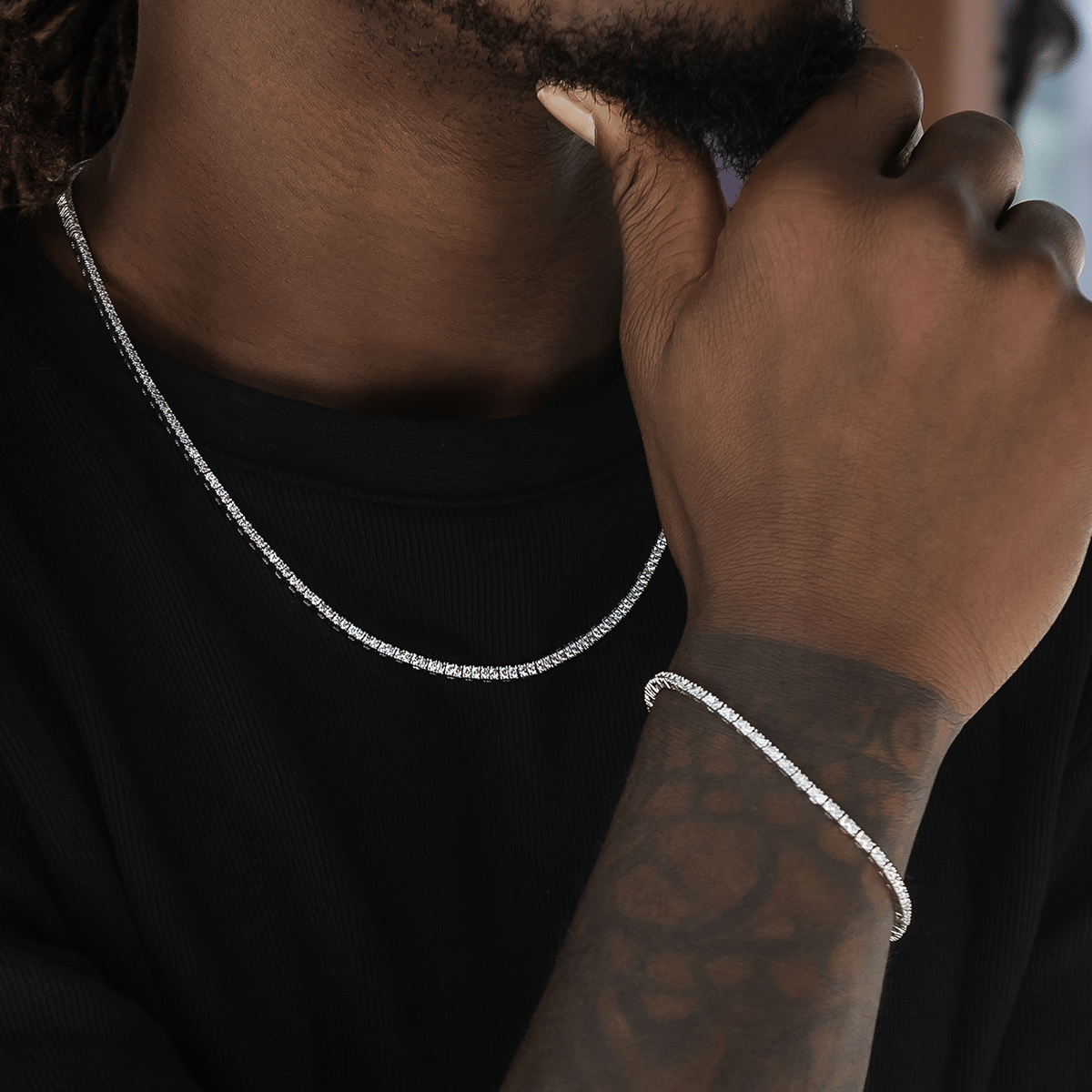GLD Men Diamond Tennis Chain + Bracelet Bundle in White Gold - 2 mm