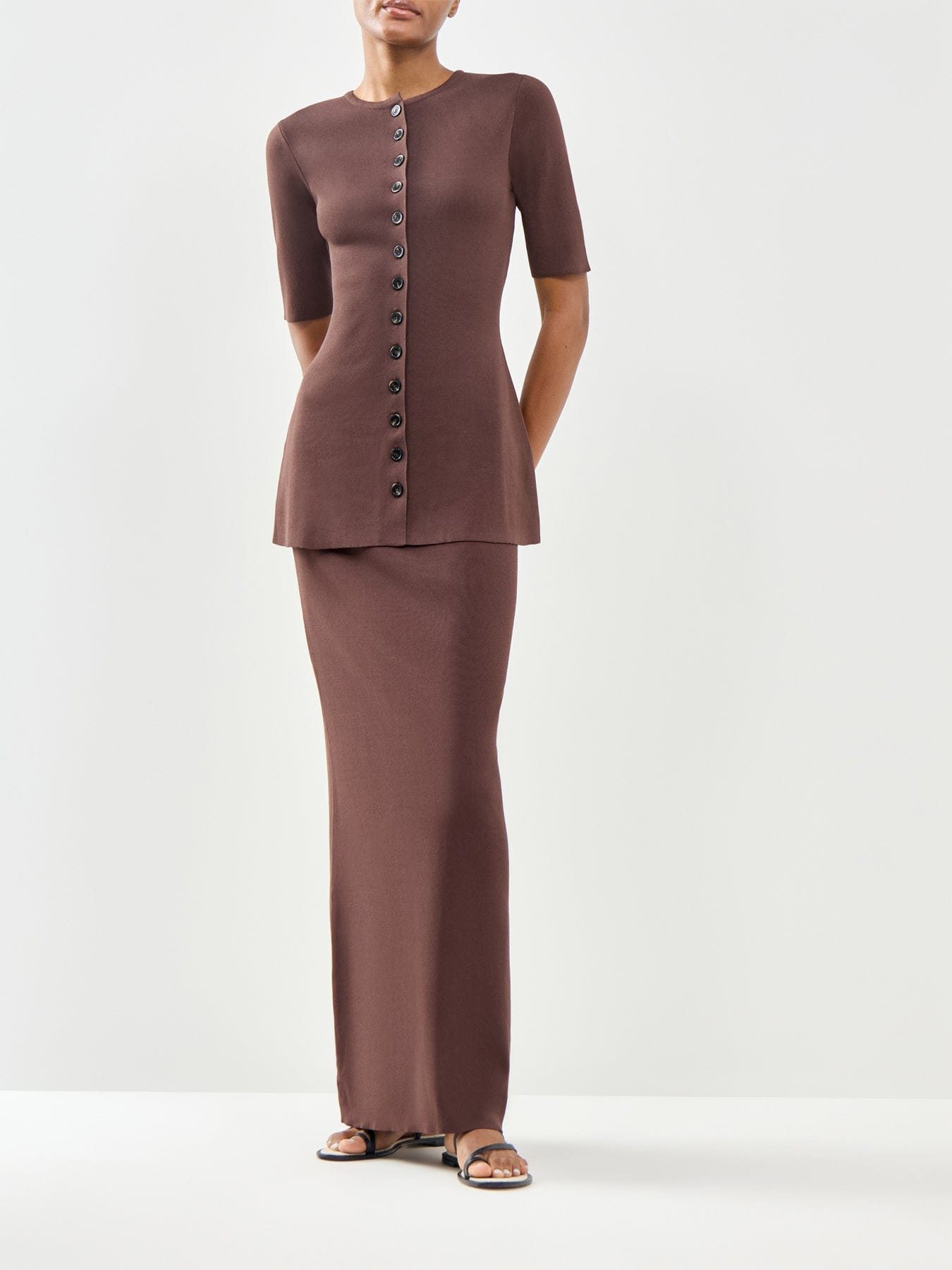Pretty Lavish Lilah Longline Knit Short Sleeve Cardigan Brown
