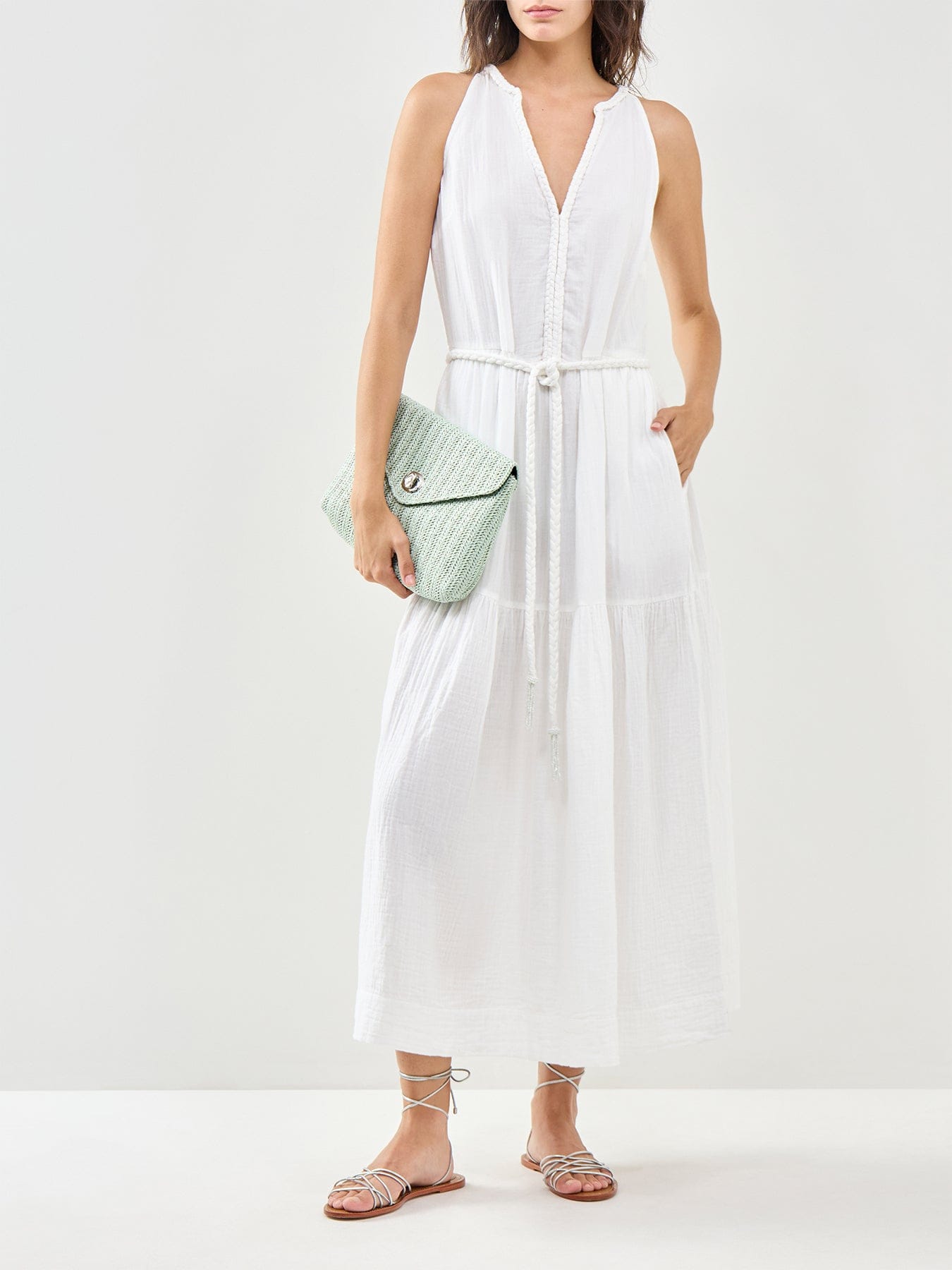 Ro and Zo Cheesecloth Rope Belt Dress White