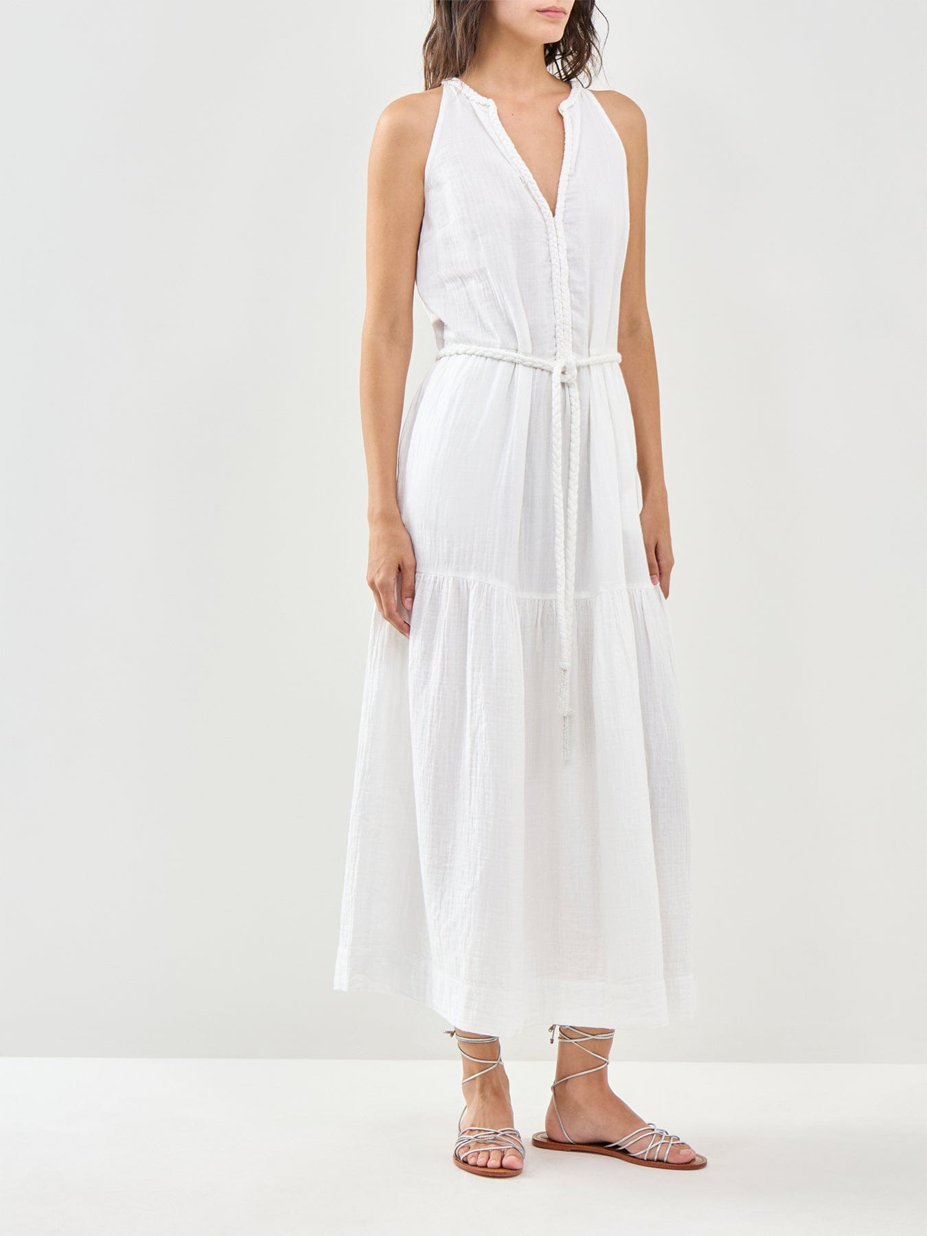 Ro and Zo Cheesecloth Rope Belt Dress White