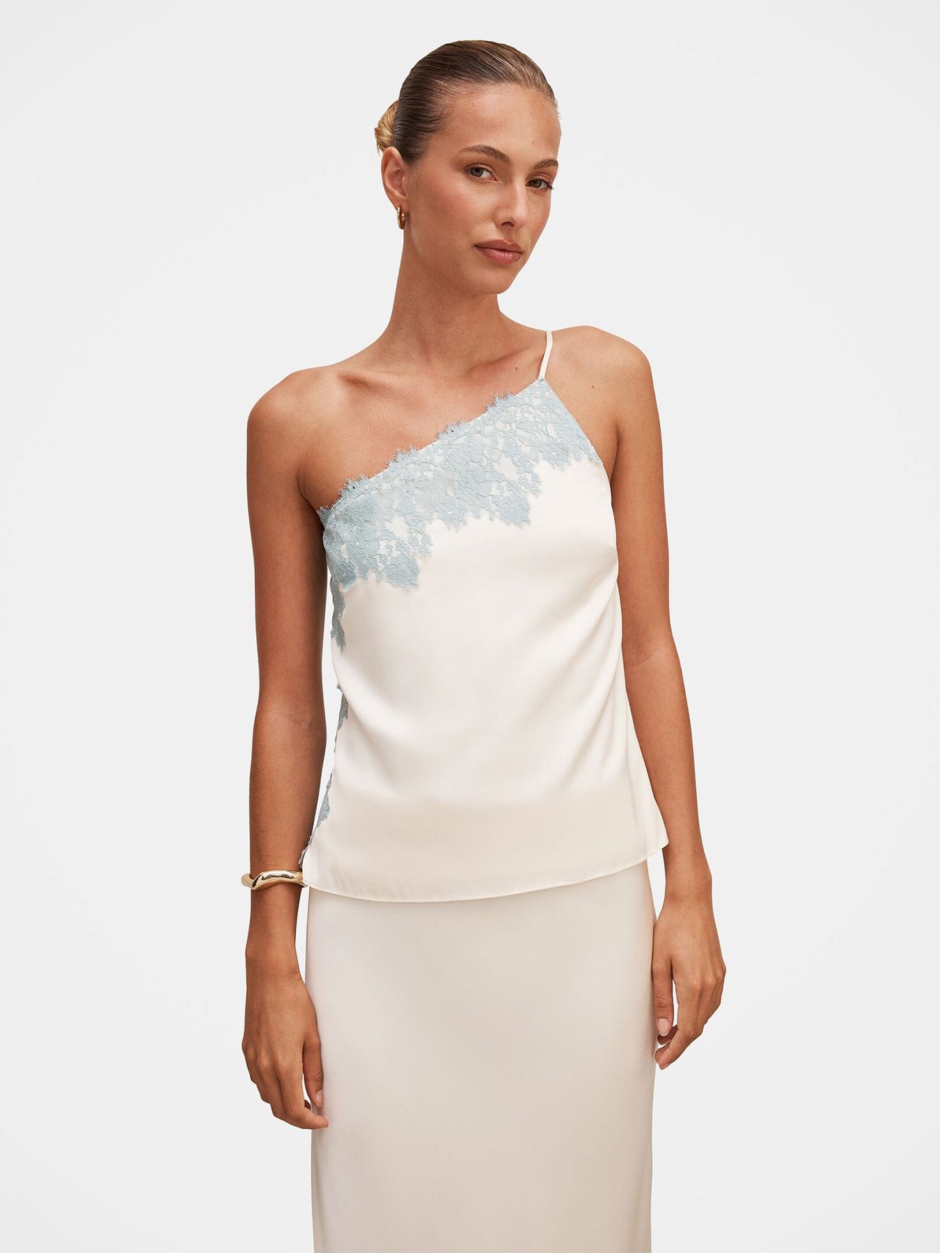 Forever New Adele One Shoulder Lace Trim Blouse White