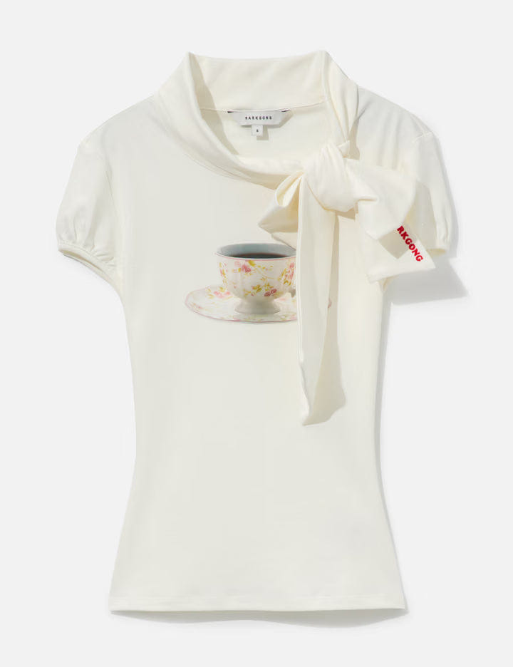 Markgong White Print Tie - Front Short Sleeve T - Shirt
