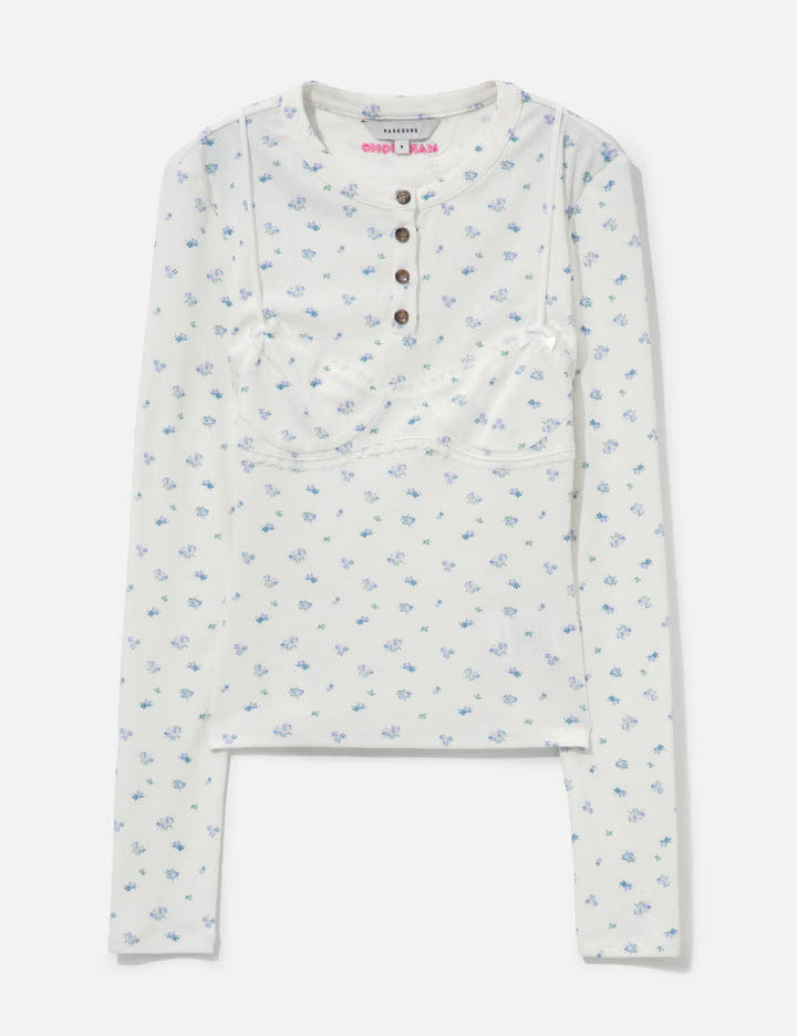 Markgong White Floral Print Lace - Trim Bralette Detail Long Sleeve Henley Shirt