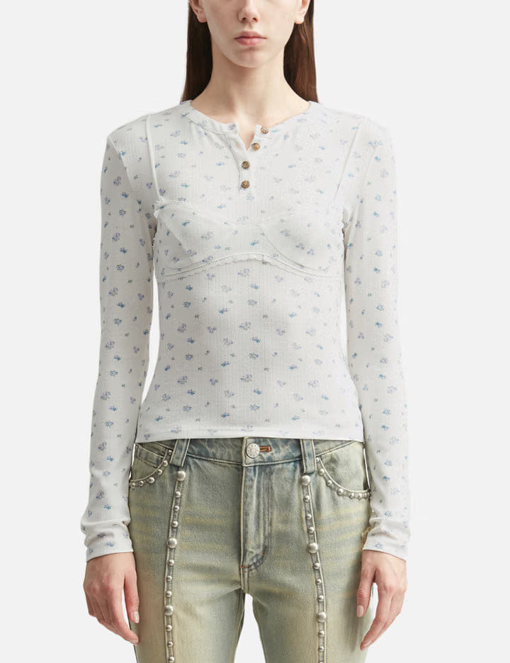 Markgong White Floral Print Lace - Trim Bralette Detail Long Sleeve Henley Shirt