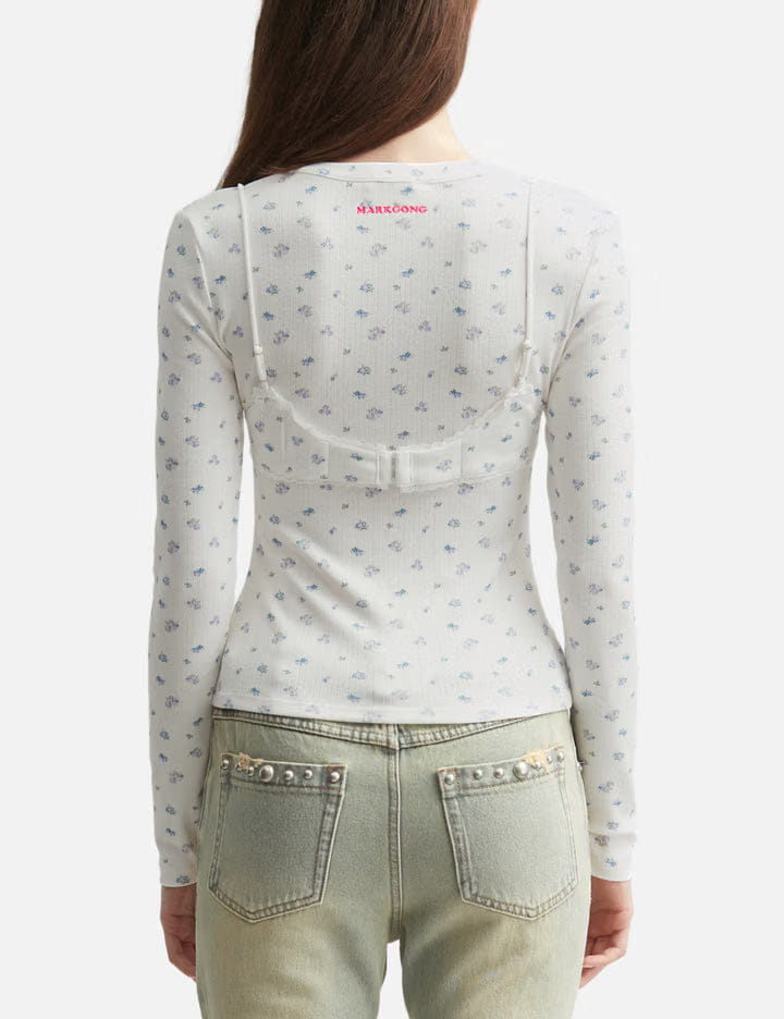 Markgong White Floral Print Lace - Trim Bralette Detail Long Sleeve Henley Shirt