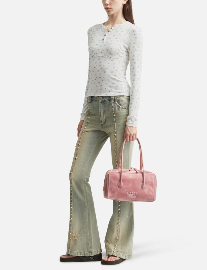 Markgong White Floral Print Lace - Trim Bralette Detail Long Sleeve Henley Shirt