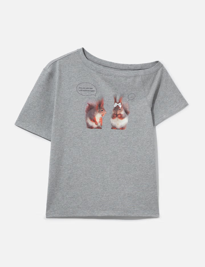 Markgong Gray Squirrel Printed One - Shoulder Short Sleeve T - Shirt