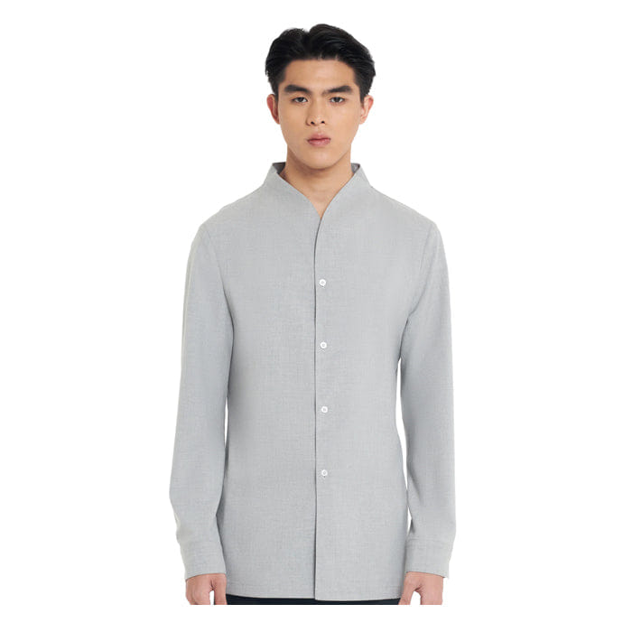 JAN SOBER LIGHT GREY COLLARLESS LONG - SLEEVE SHIRT WITH VISIBLE BUTTONS – SLIM FIT