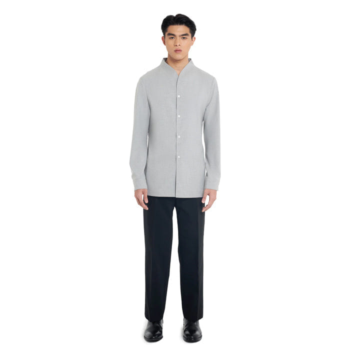 JAN SOBER LIGHT GREY COLLARLESS LONG - SLEEVE SHIRT WITH VISIBLE BUTTONS – SLIM FIT
